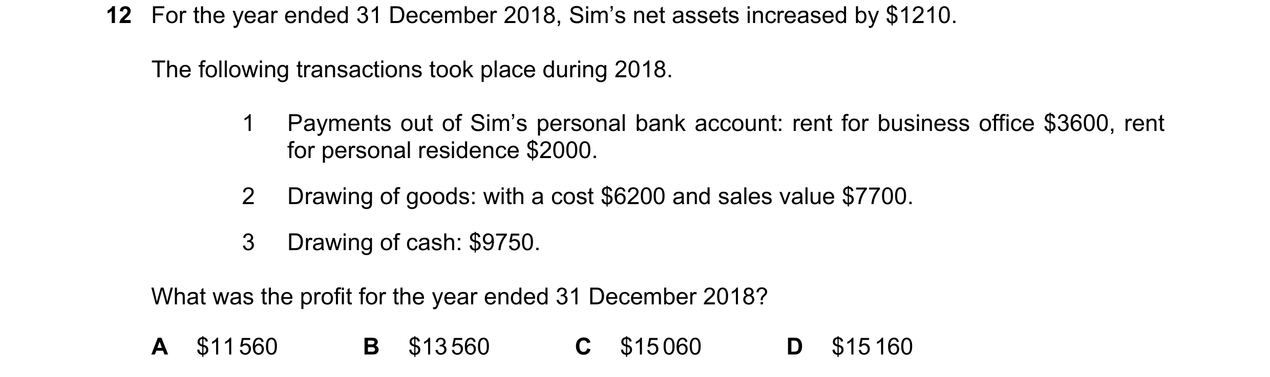 Question 597: For the year ended 31 December 2018, Sim’s net assets increased by $1210. The following transactions took place during 2018. 1 Payments out…