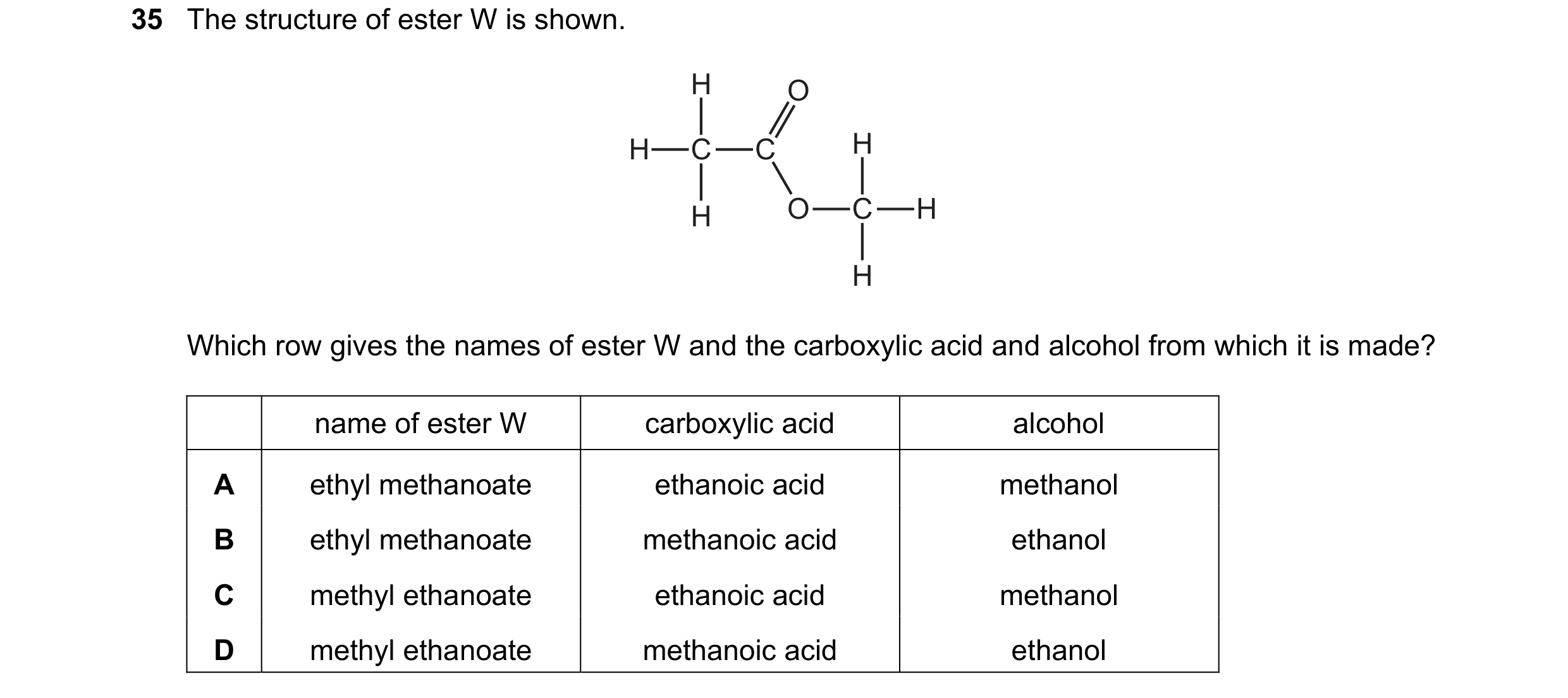 Question 10: The structure of ester W is shown. H O H C C H H O C H H Which row gives the names of ester W and the carboxylic acid and alcohol from whic…