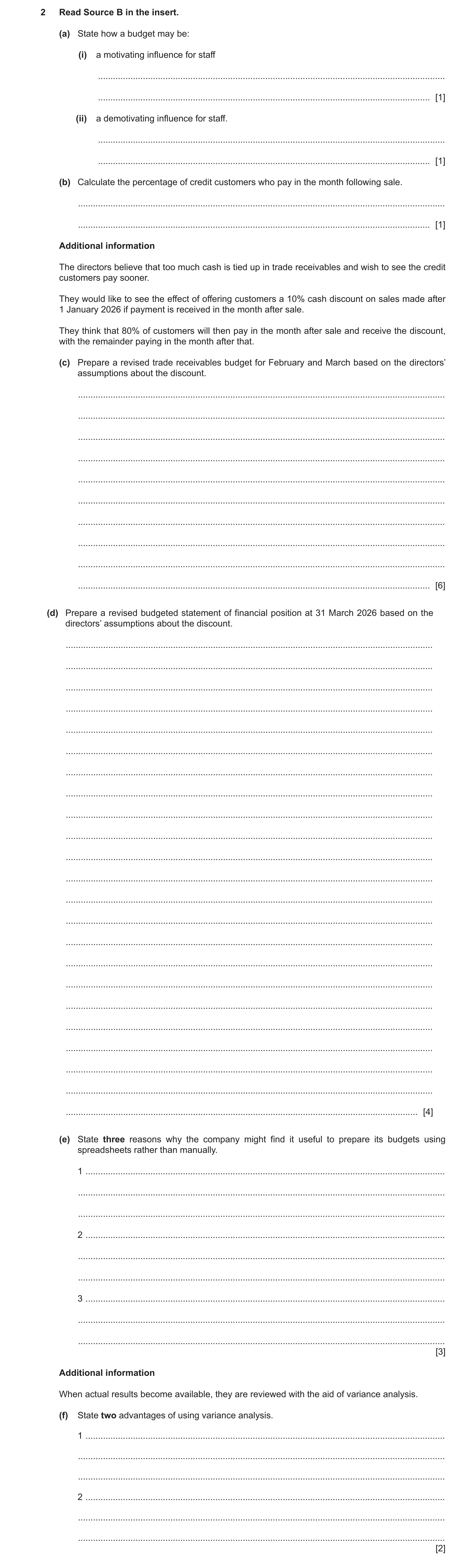 Question 8: Read Source B in the insert. (a) State how a budget may be: (i) a motivating influence for staff ..........................................…