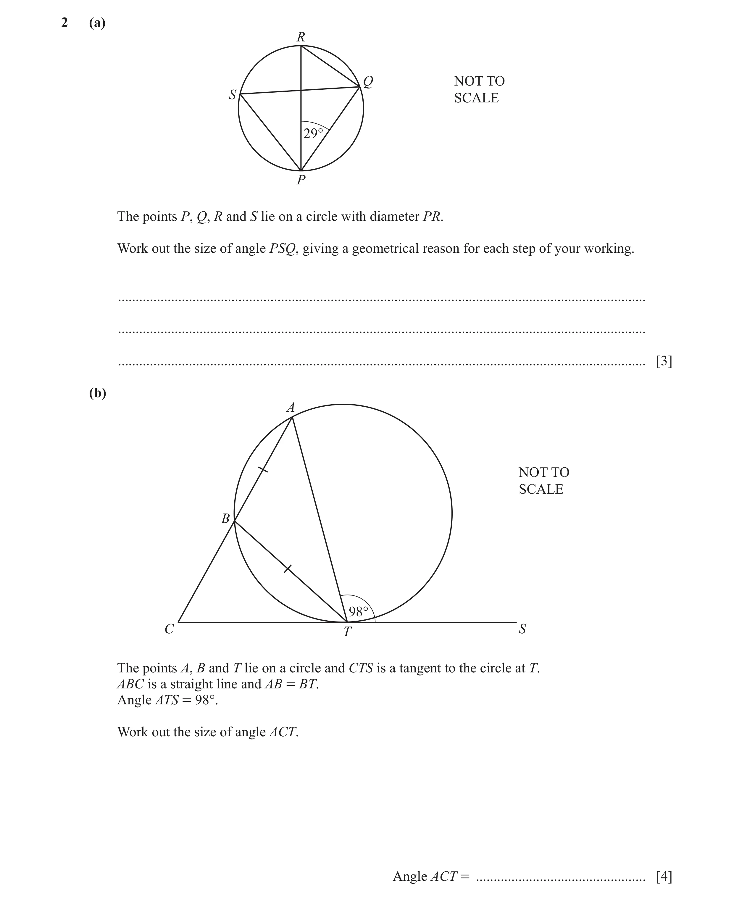 Question 27: (a) R Q NOT TO S SCALE 29° P The points P, Q, R and S lie on a circle with diameter PR. Work out the size of angle PSQ, giving a geometrica…