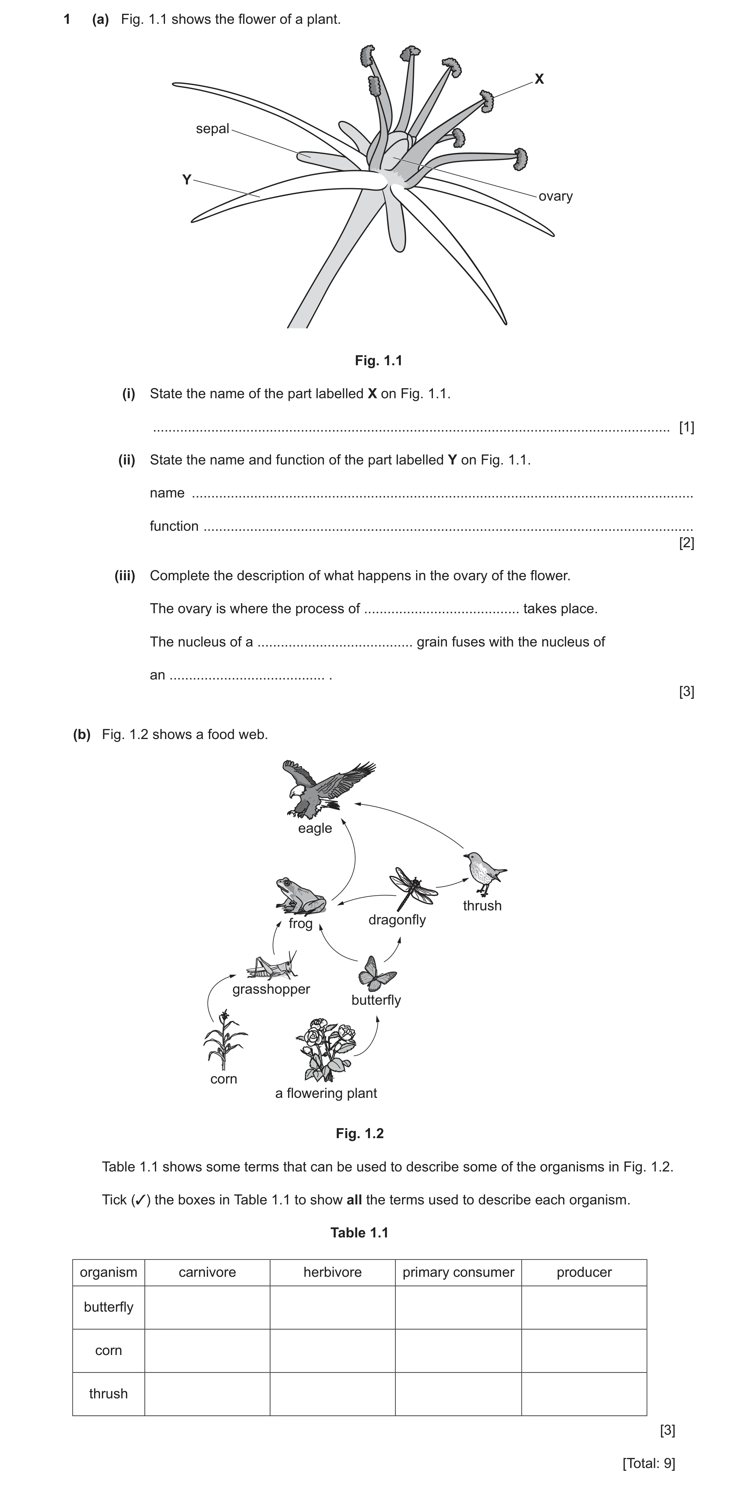 Question 27: (a) Fig. 1.1 shows the flower of a plant. X sepal Y ovary Fig. 1.1 (i) State the name of the part labelled X on Fig. 1.1. .................…