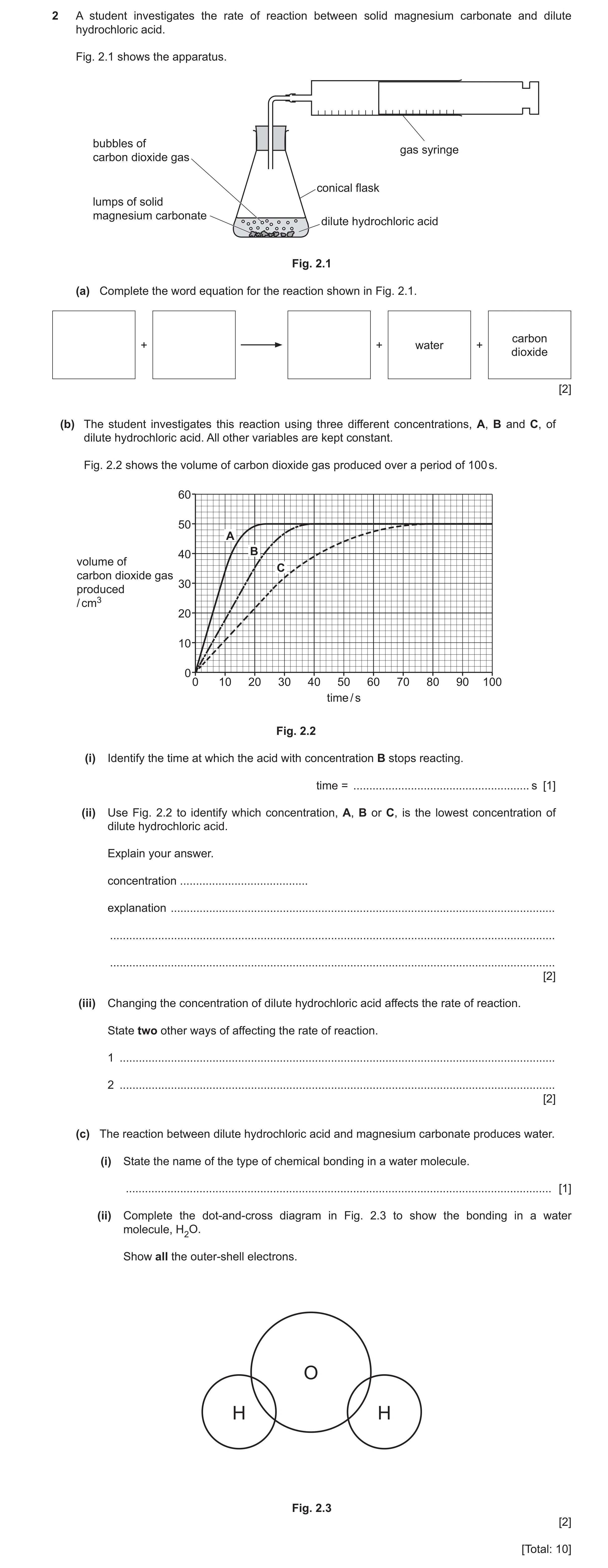 Question 25: A student investigates the rate of reaction between solid magnesium carbonate and dilute hydrochloric acid. Fig. 2.1 shows the apparatus. b…