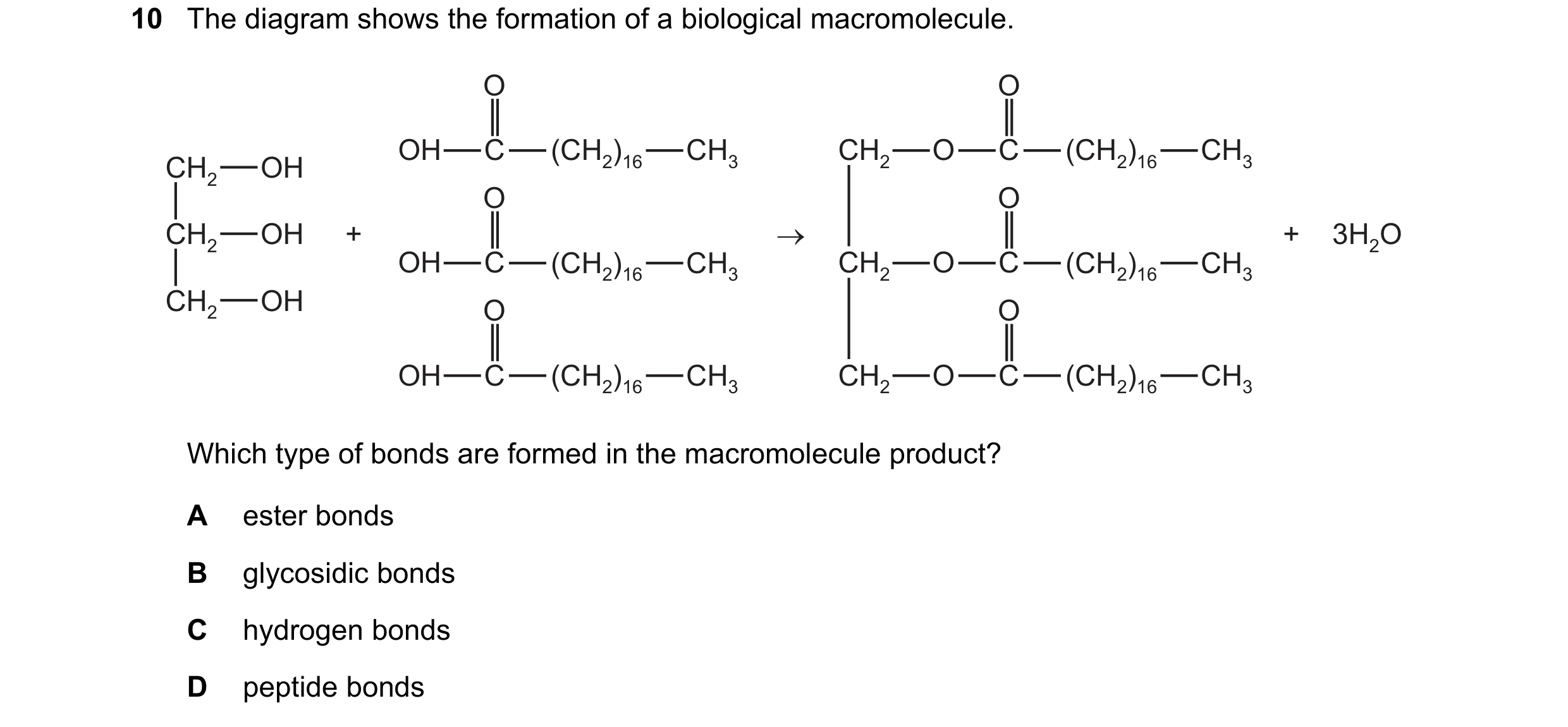 Question 220: The diagram shows the formation of a biological macromolecule. O O OH C (CH2)16 CH3 CH2 O C (CH2)16 CH3 CH2 OH O O CH2 OH + → + 3H2O OH C (…
