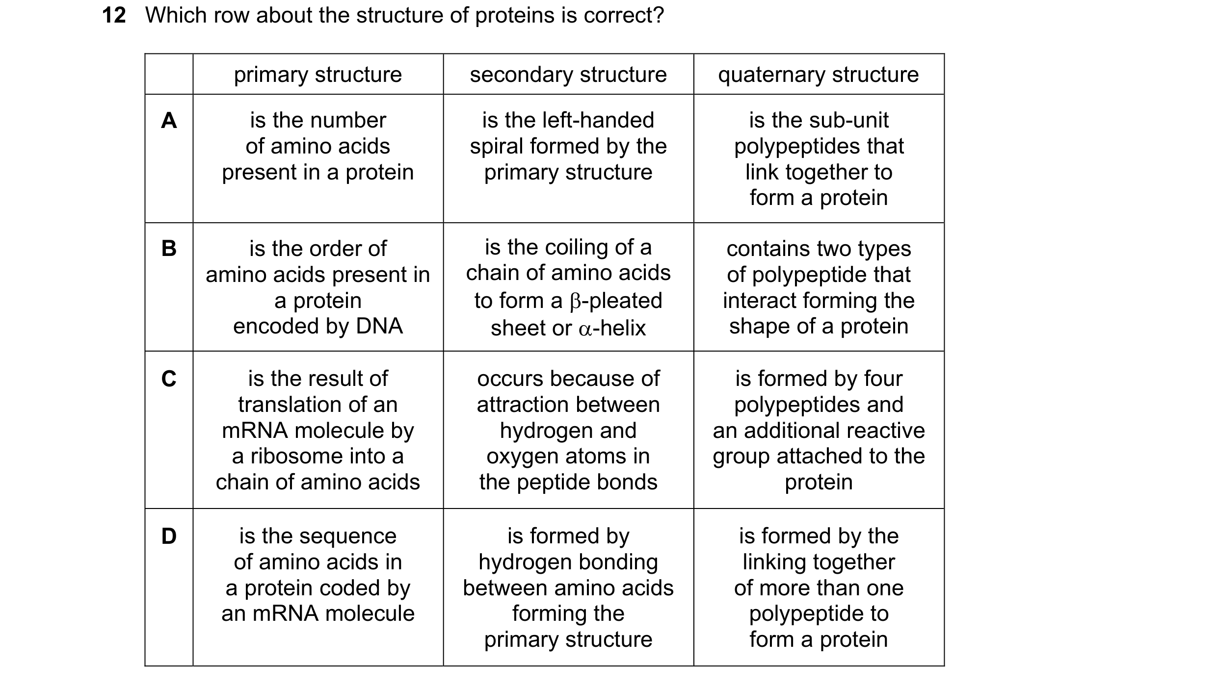 Question 159: Which row about the structure of proteins is correct? primary structure secondary structure quaternary structure A is the number is the lef…