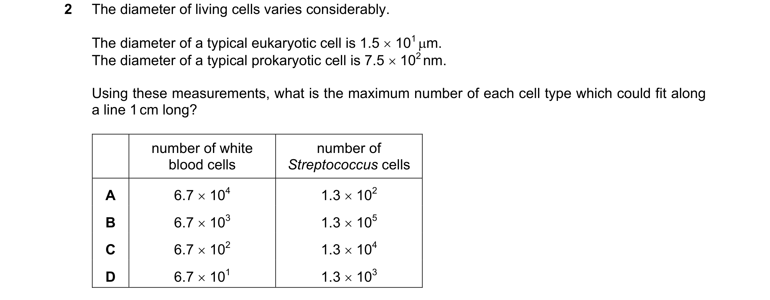 Question 225: The diameter of living cells varies considerably. The diameter of a typical eukaryotic cell is 1.5 × 101 µm. The diameter of a typical prok…