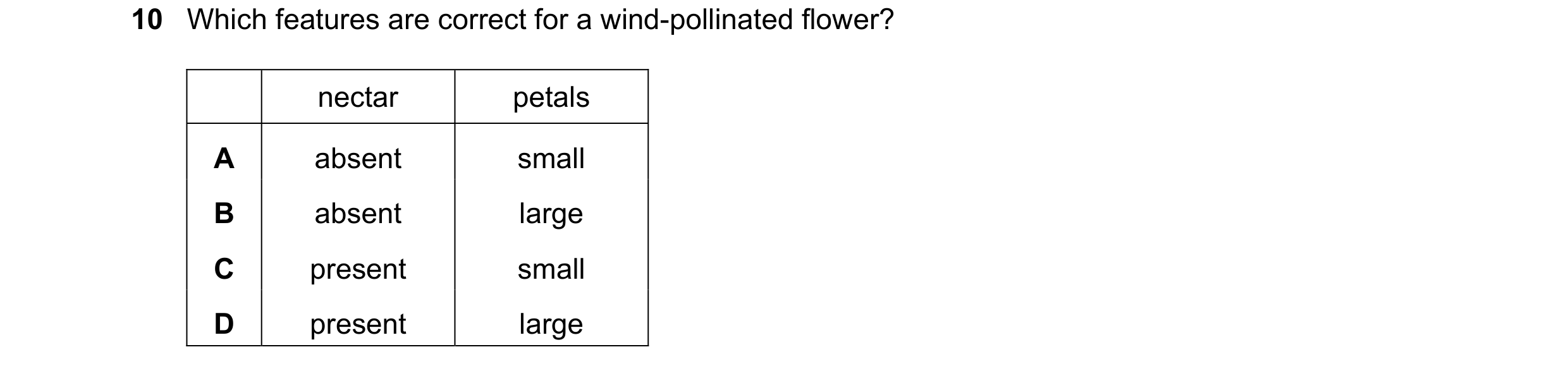 Question 41: Which features are correct for a wind-pollinated flower? nectar petals A absent small B absent large C present small D present large