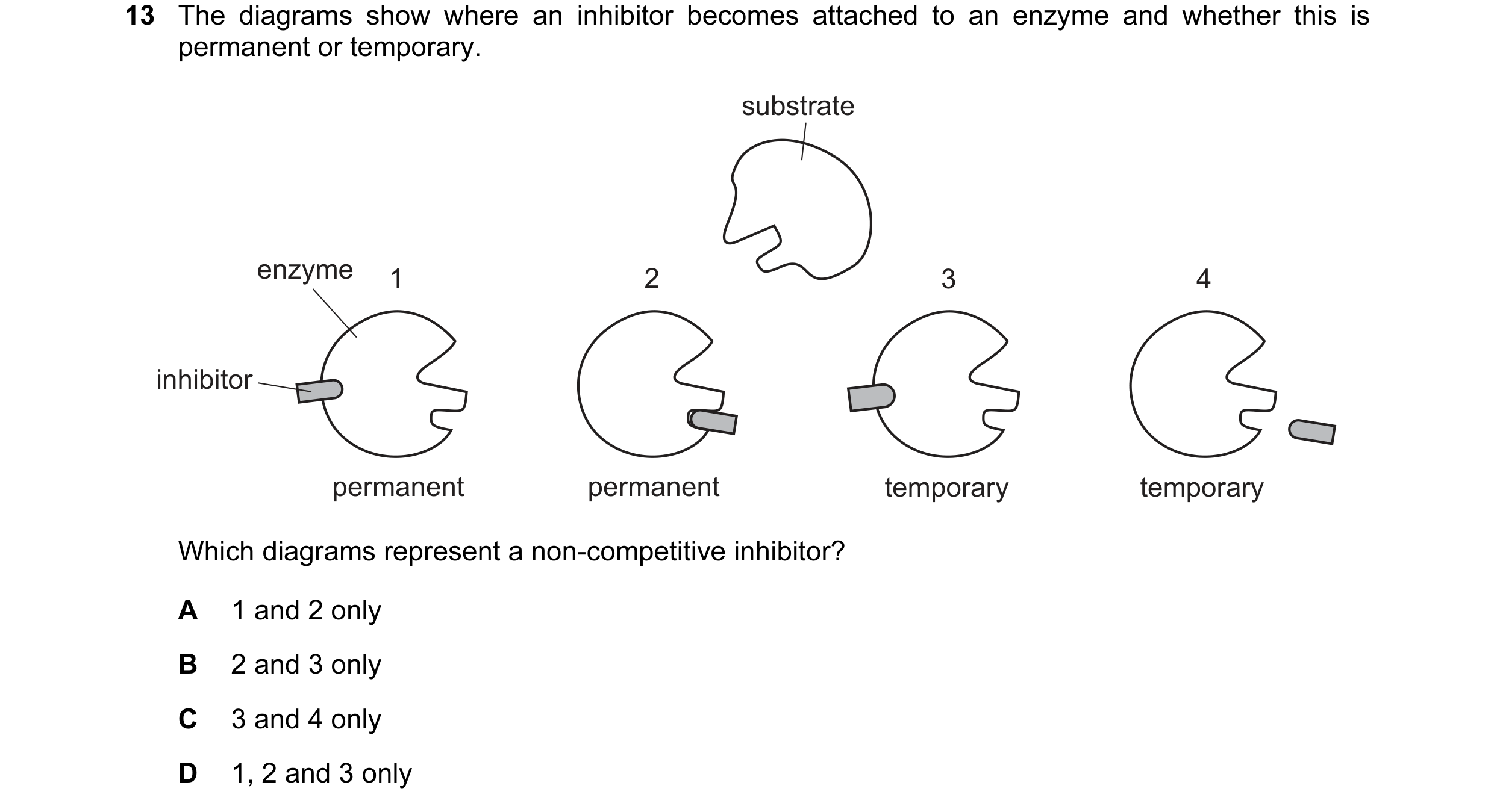 Question 31: The diagrams show where an inhibitor becomes attached to an enzyme and whether this is permanent or temporary. substrate enzyme 1 2 3 4 inh…