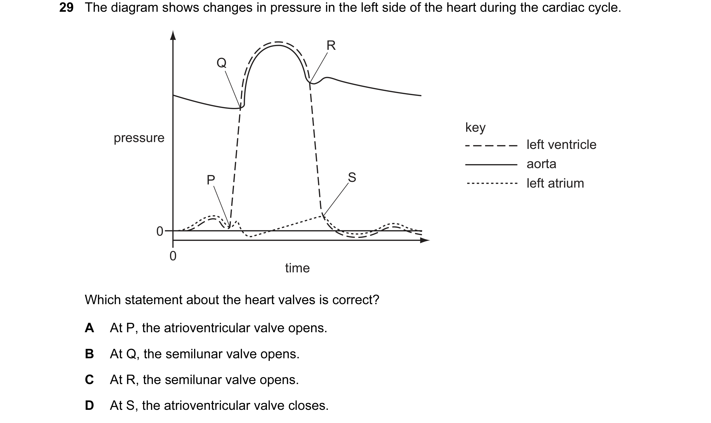 Question 33: The diagram shows changes in pressure in the left side of the heart during the cardiac cycle. R Q key pressure left ventricle aorta P S lef…