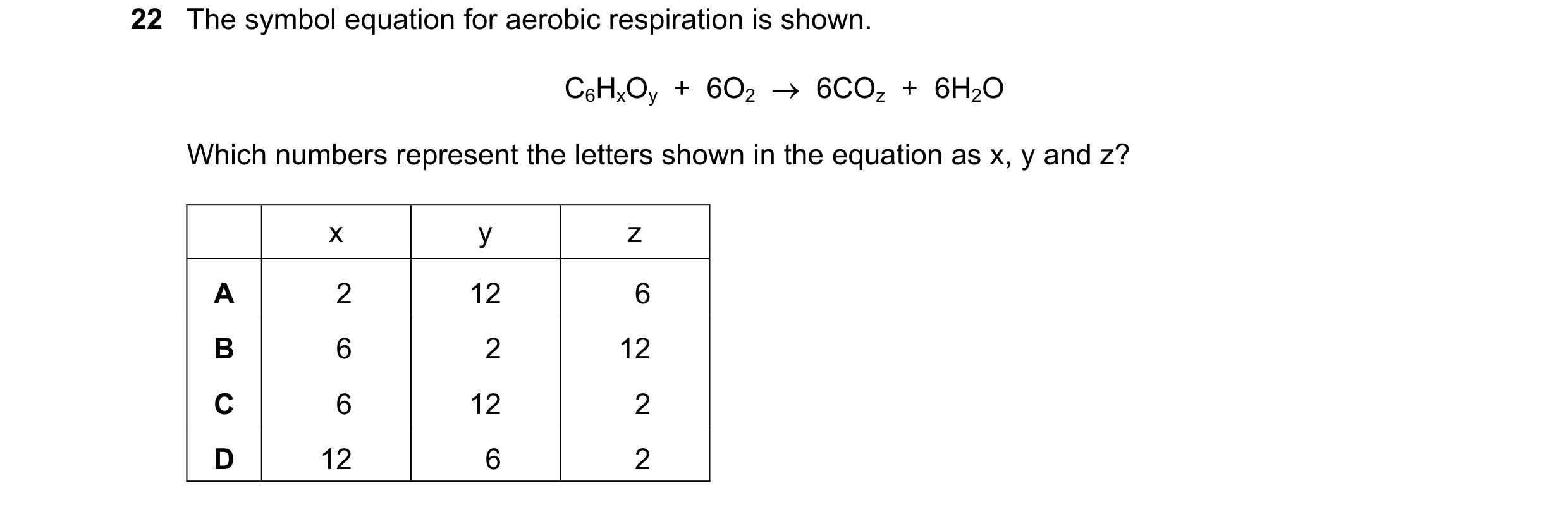 Question 27: The symbol equation for aerobic respiration is shown. C6HxOy  +  6O2    6COz  +  6H2O Which numbers represent the letters shown in the equ…