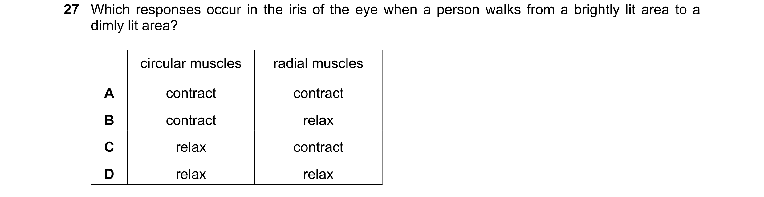 Question 23: Which responses occur in the iris of the eye when a person walks from a brightly lit area to a dimly lit area? circular muscles radial musc…