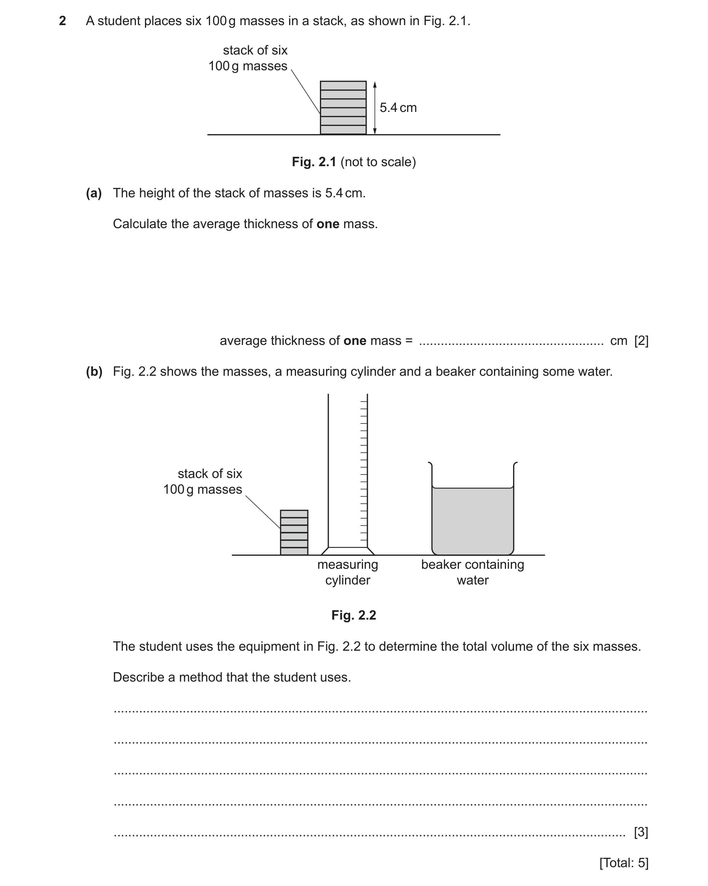 Question 37: A student places six 100 g masses in a stack, as shown in Fig. 2.1. stack of six 100 g masses 5.4 cm Fig. 2.1 (not to scale) (a) The height…