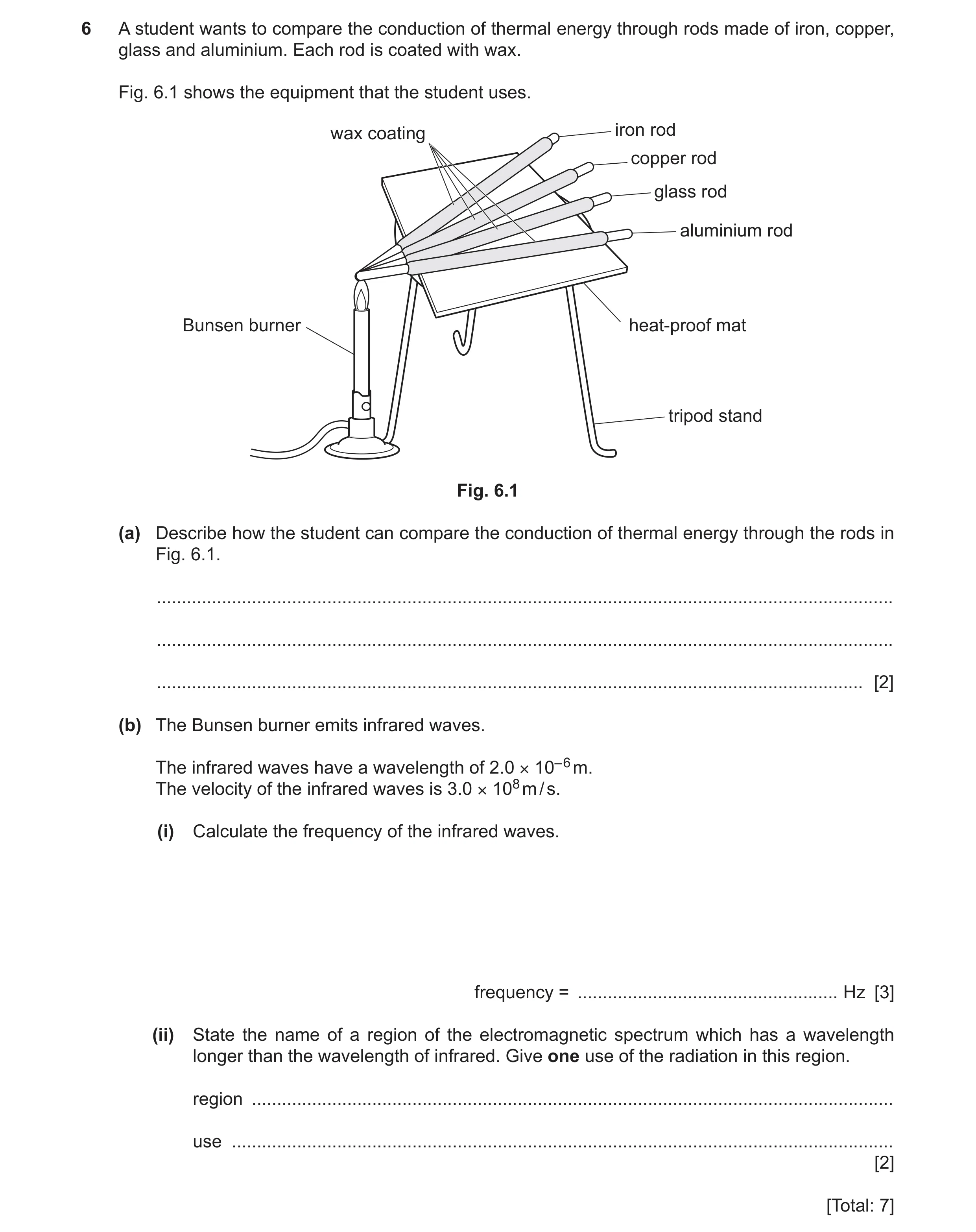 Question 36: A student wants to compare the conduction of thermal energy through rods made of iron, copper, glass and aluminium. Each rod is coated with…