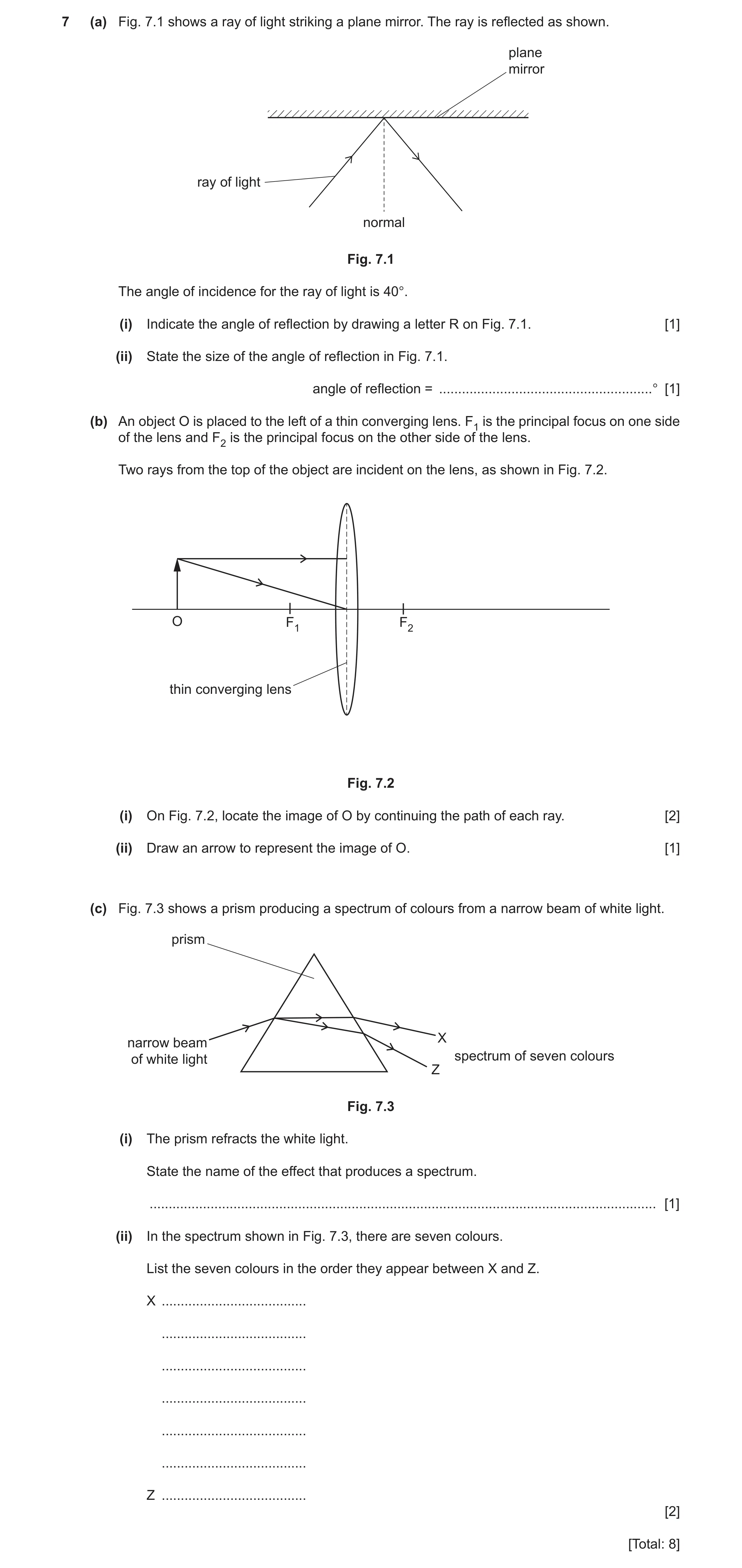 Question 45: (a) Fig. 7.1 shows a ray of light striking a plane mirror. The ray is reflected as shown. plane mirror ray of light normal Fig. 7.1 The ang…