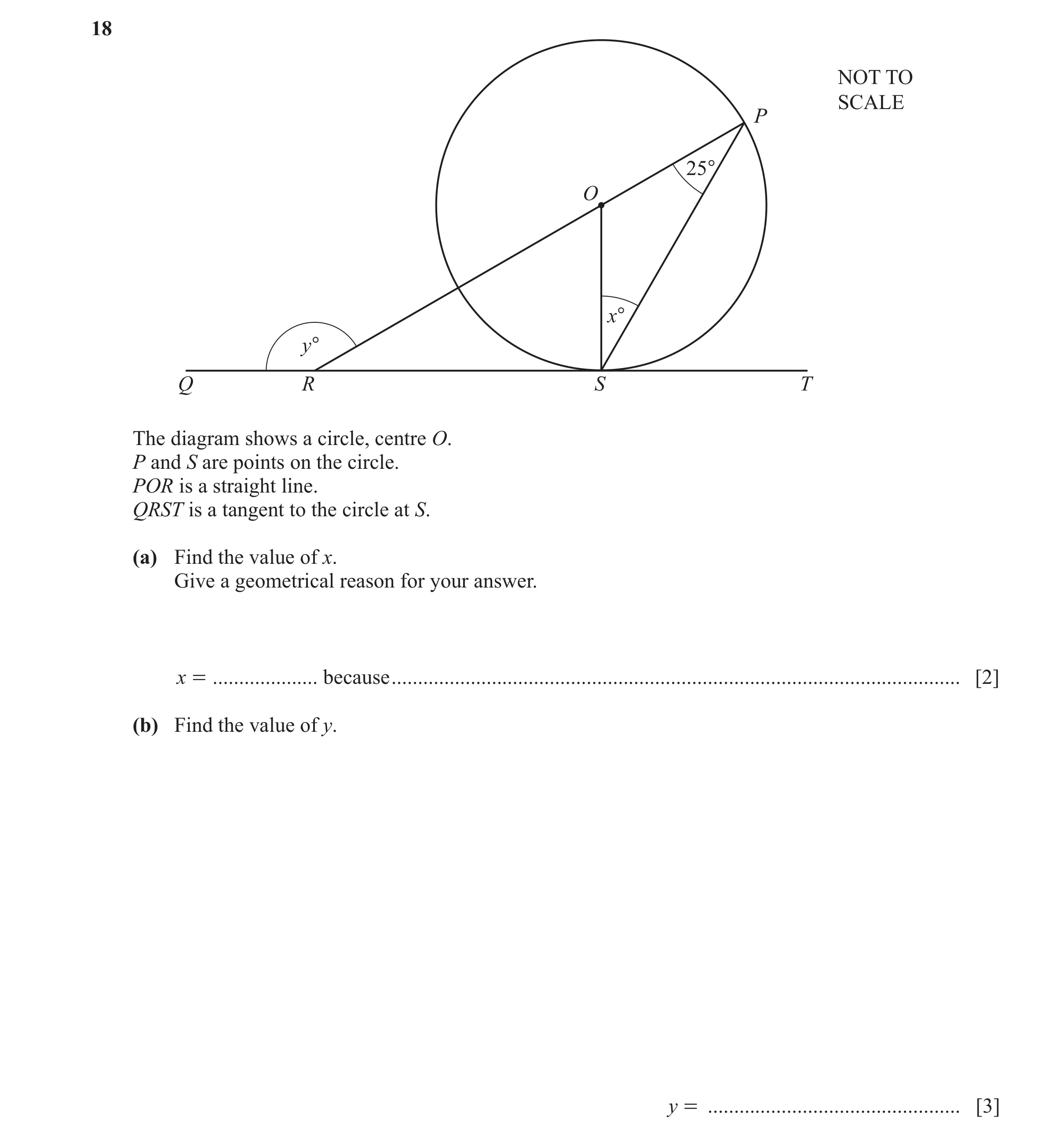 Question 21: NOT TO SCALE P 25° O x° y° Q R S T The diagram shows a circle, centre O. P and S are points on the circle. POR is a straight line. QRST is …