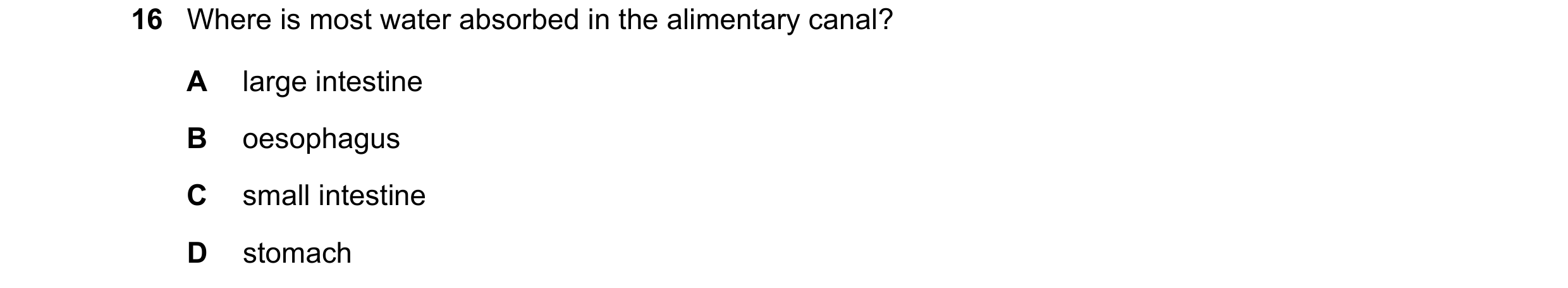 Question 9: Where is most water absorbed in the alimentary canal? A large intestine B oesophagus C small intestine D stomach