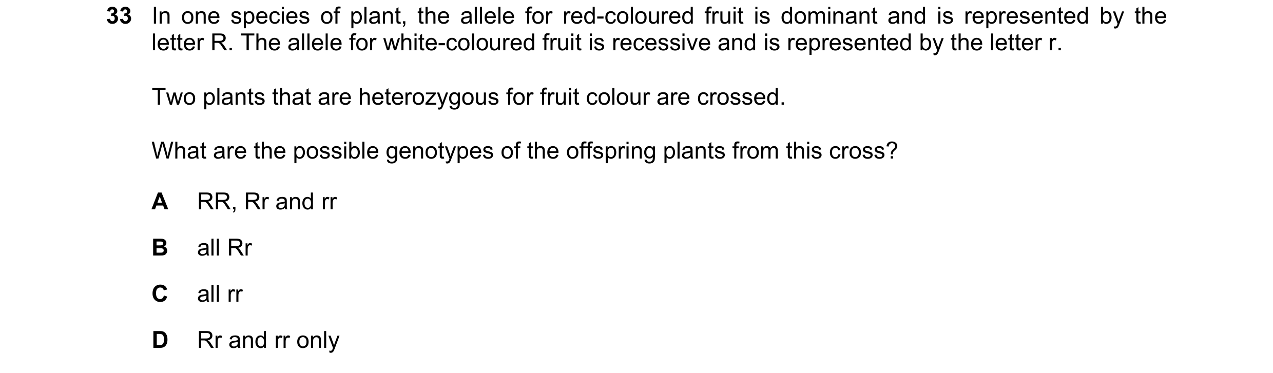 Question 13: In one species of plant, the allele for red-coloured fruit is dominant and is represented by the letter R. The allele for white-coloured fr…