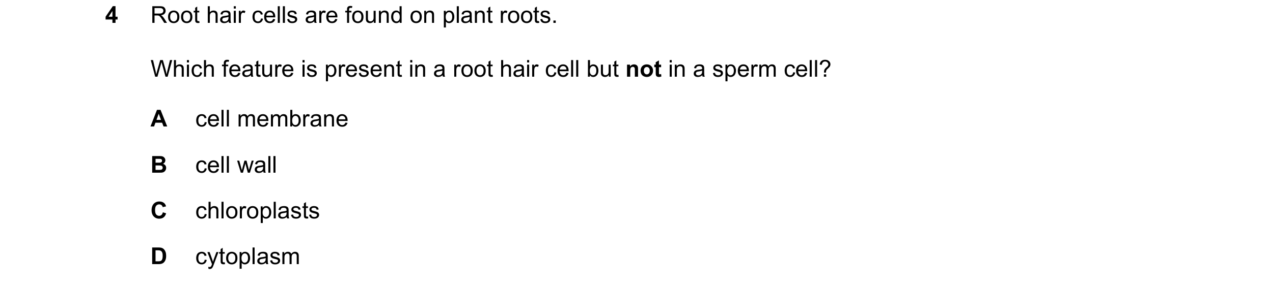 Question 30: Root hair cells are found on plant roots. Which feature is present in a root hair cell but not in a sperm cell? A cell membrane B cell wall…