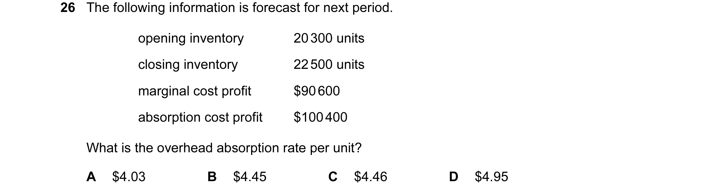 Question 216: The following information is forecast for next period. opening inventory 20 300 units closing inventory 22 500 units marginal cost profit $…