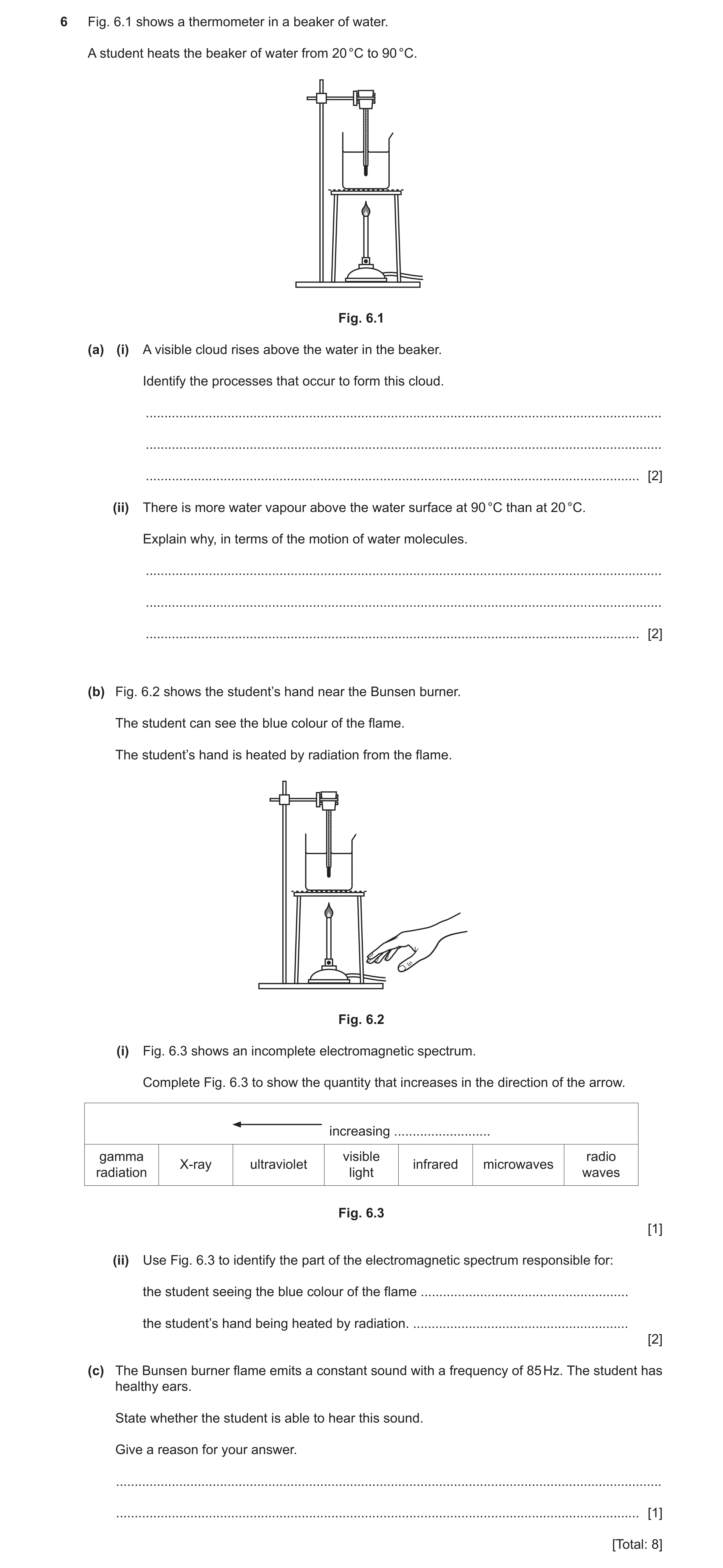 Question 12: Fig. 6.1 shows a thermometer in a beaker of water. A student heats the beaker of water from 20 °C to 90 °C. Fig. 6.1 (a) (i) A visible clou…