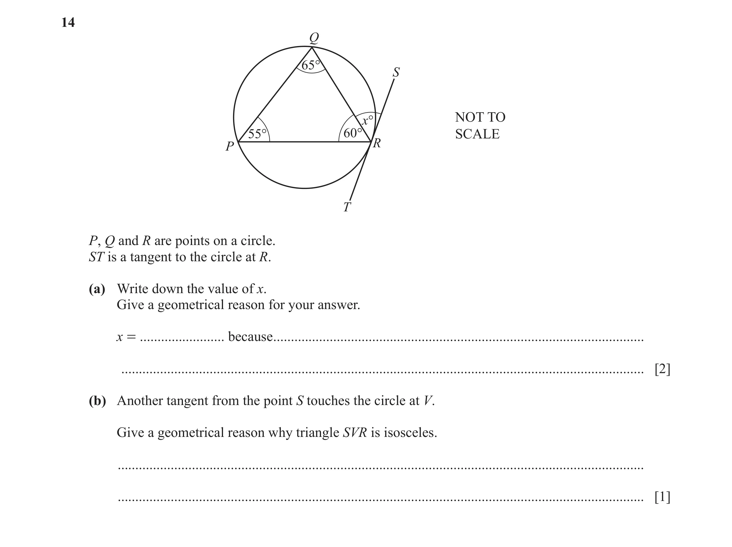 Question 28: Q 65° S x° NOT TO 55° 60° SCALE P R T P, Q and R are points on a circle. ST is a tangent to the circle at R. (a) Write down the value of x.…