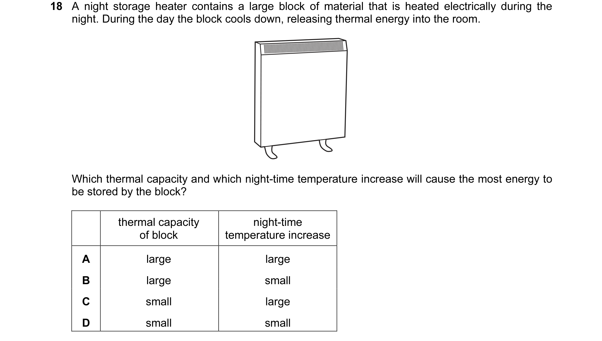 Question 47: A night storage heater contains a large block of material that is heated electrically during the night. During the day the block cools down…