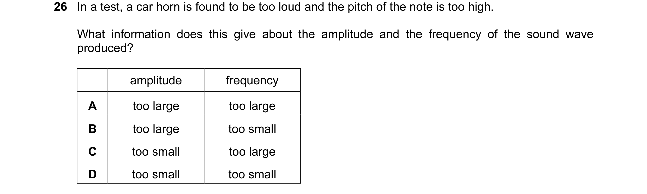 Question 50: In a test, a car horn is found to be too loud and the pitch of the note is too high. What information does this give about the amplitude an…
