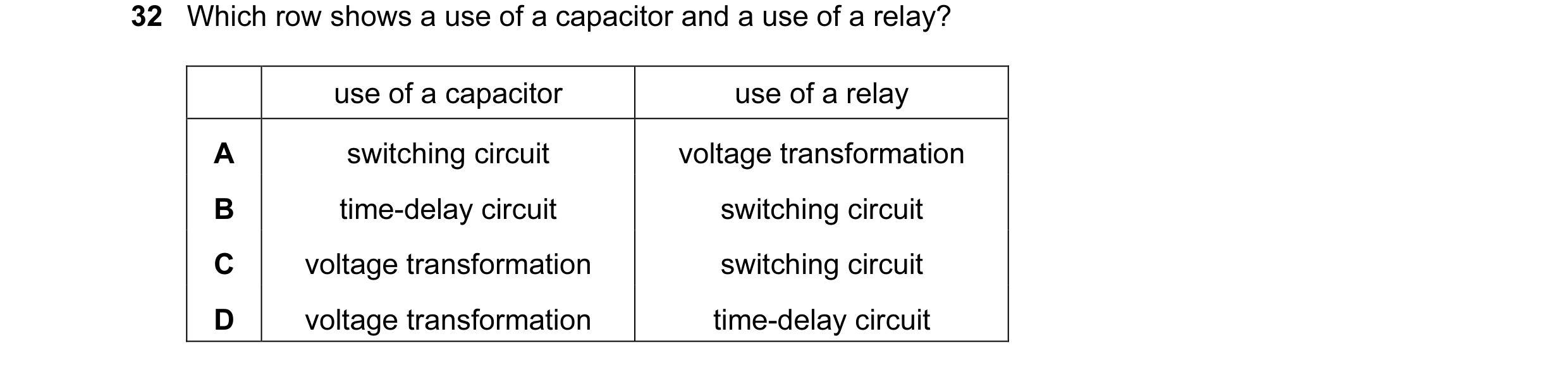 Question 84: Which row shows a use of a capacitor and a use of a relay? use of a capacitor use of a relay A switching circuit voltage transformation B t…