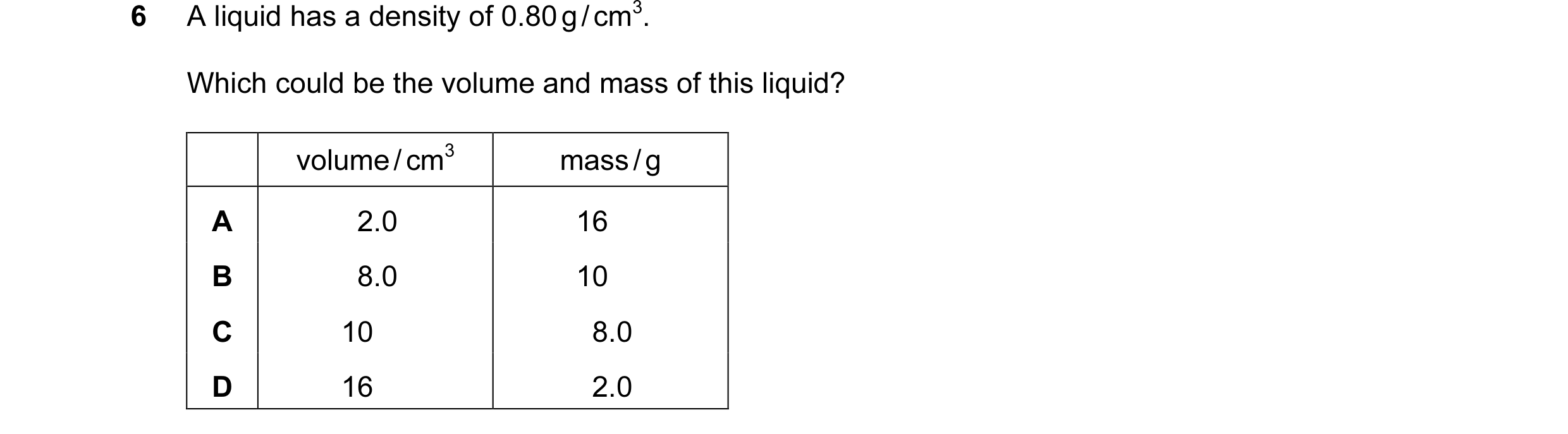 Question 34: A liquid has a density of 0.80 g / cm3. Which could be the volume and mass of this liquid? volume / cm3 mass / g A 2.0 16 B 8.0 10 C 10 8.0…