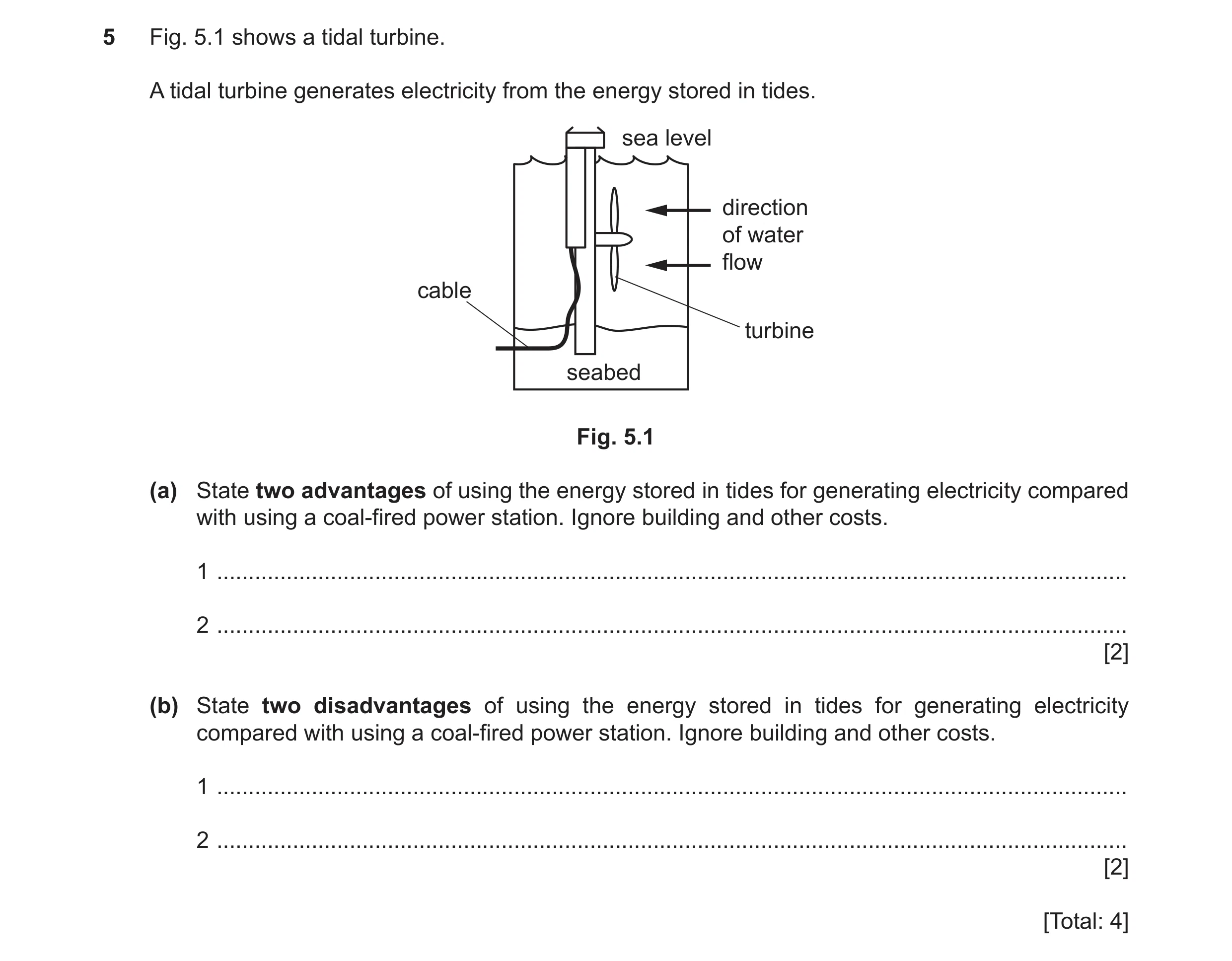 Question 124: Fig. 5.1 shows a tidal turbine. A tidal turbine generates electricity from the energy stored in tides. sea level direction of water flow ca…