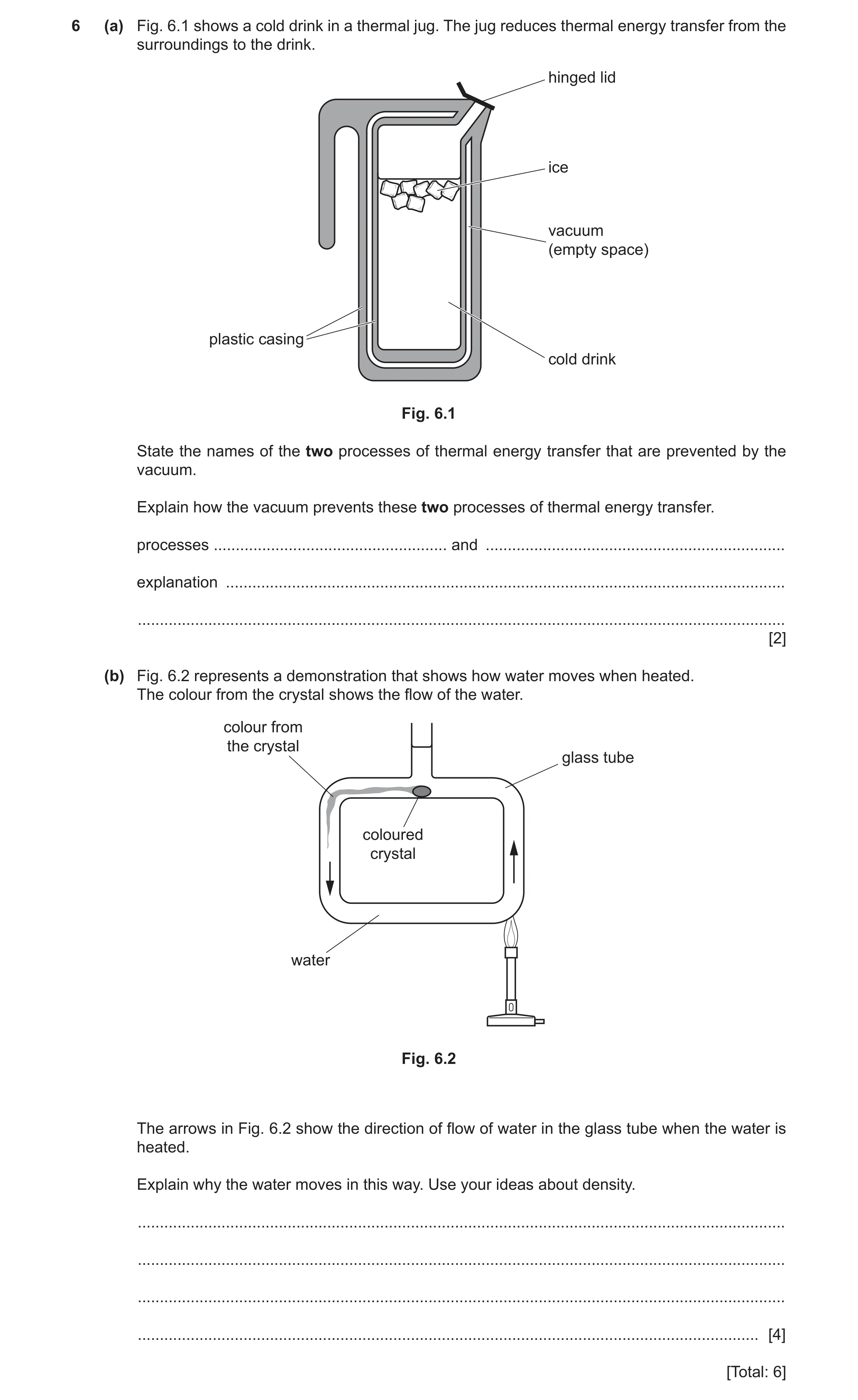 Question 26: (a) Fig. 6.1 shows a cold drink in a thermal jug. The jug reduces thermal energy transfer from the surroundings to the drink. hinged lid ic…