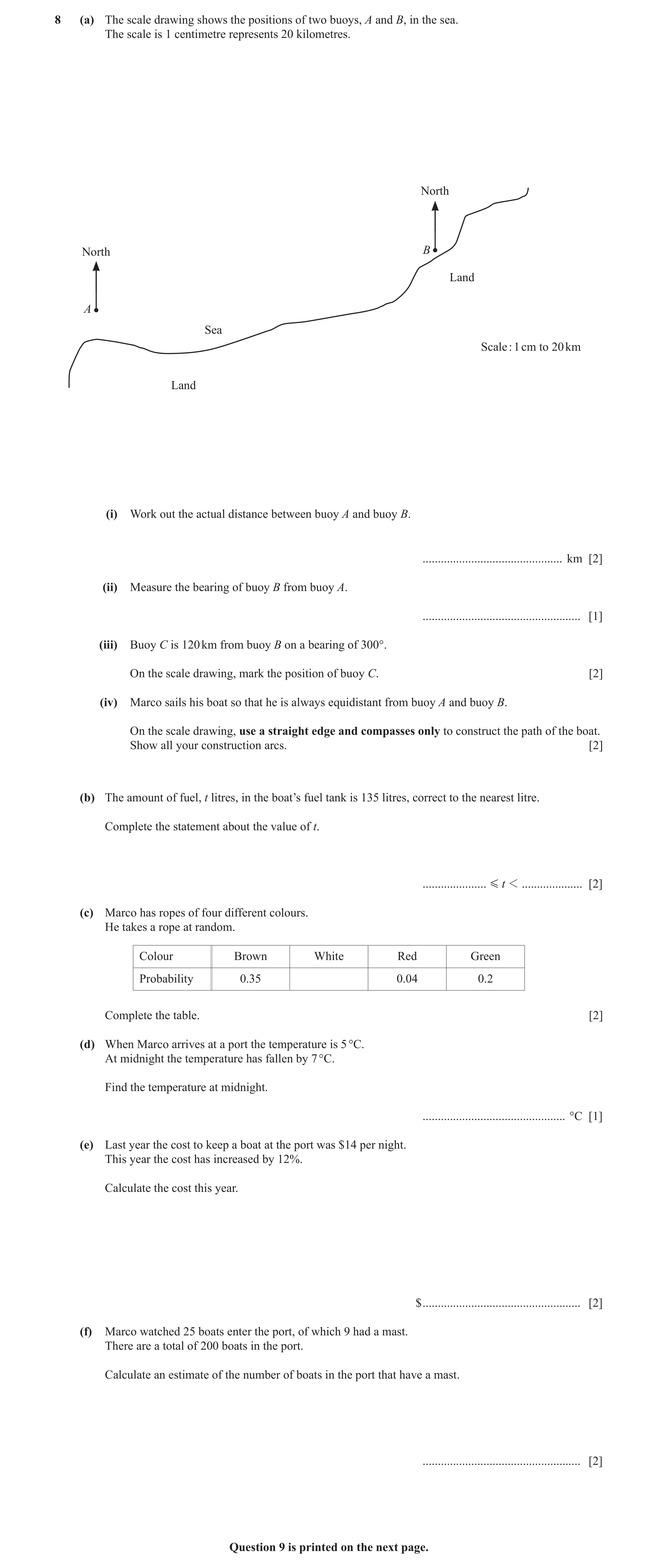 Question 59: (a) The scale drawing shows the positions of two buoys, A and B, in the sea. The scale is 1 centimetre represents 20 kilometres. North Nort…