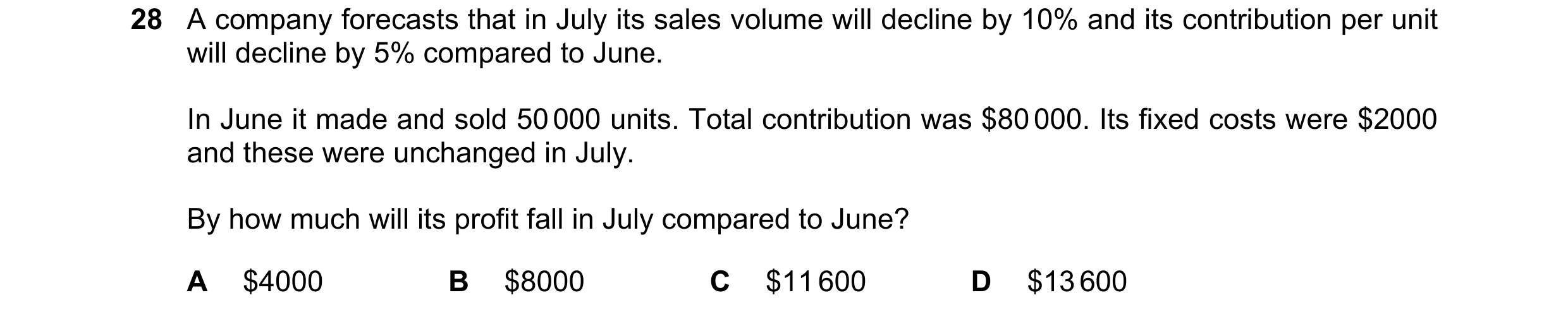 Question 280: A company forecasts that in July its sales volume will decline by 10% and its contribution per unit will decline by 5% compared to June. In…