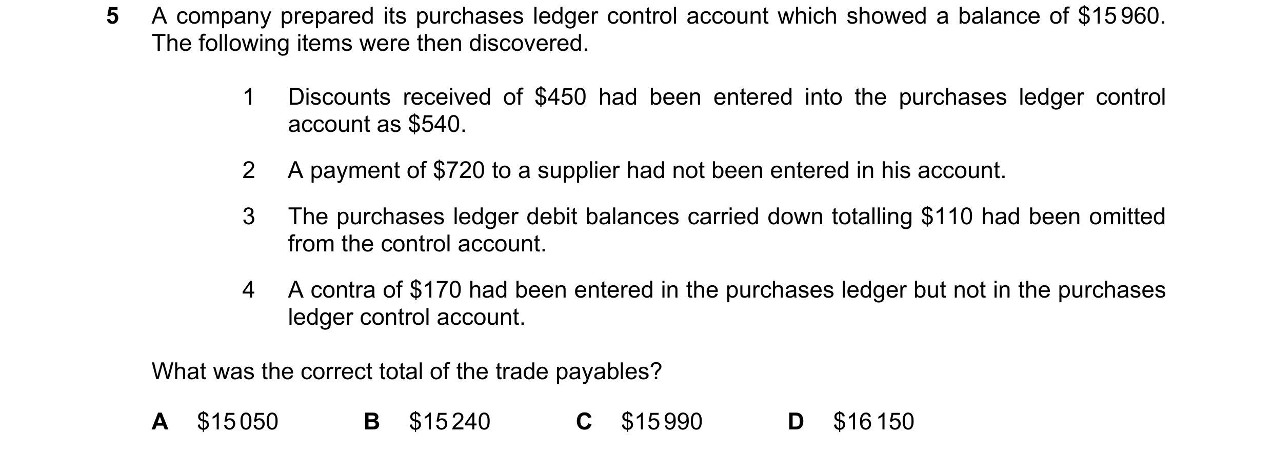 Question 250: A company prepared its purchases ledger control account which showed a balance of $15 960. The following items were then discovered. 1 Disc…