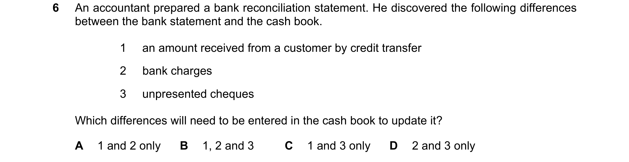 Question 251: An accountant prepared a bank reconciliation statement. He discovered the following differences between the bank statement and the cash boo…