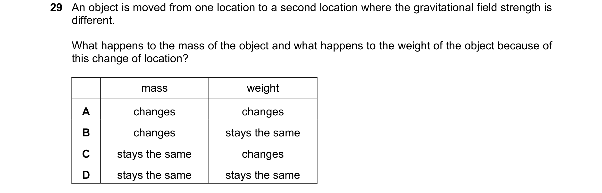 Question 20: An object is moved from one location to a second location where the gravitational field strength is different. What happens to the mass of …