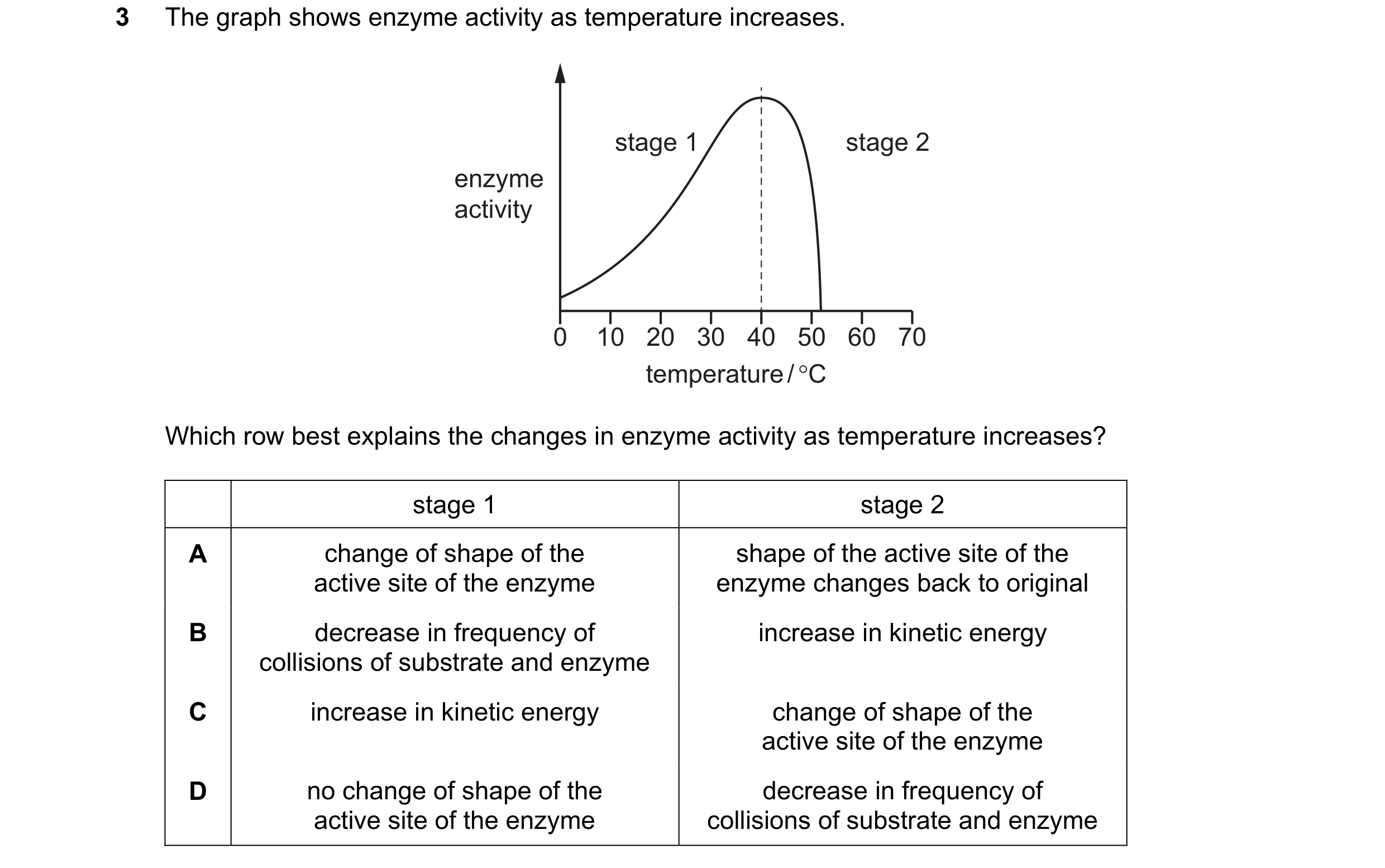 Question 42: The graph shows enzyme activity as temperature increases.

stage 1 stage 2

enzyme
activity

0 10 20 30 40 50 60 70
temperature /°C

Which …