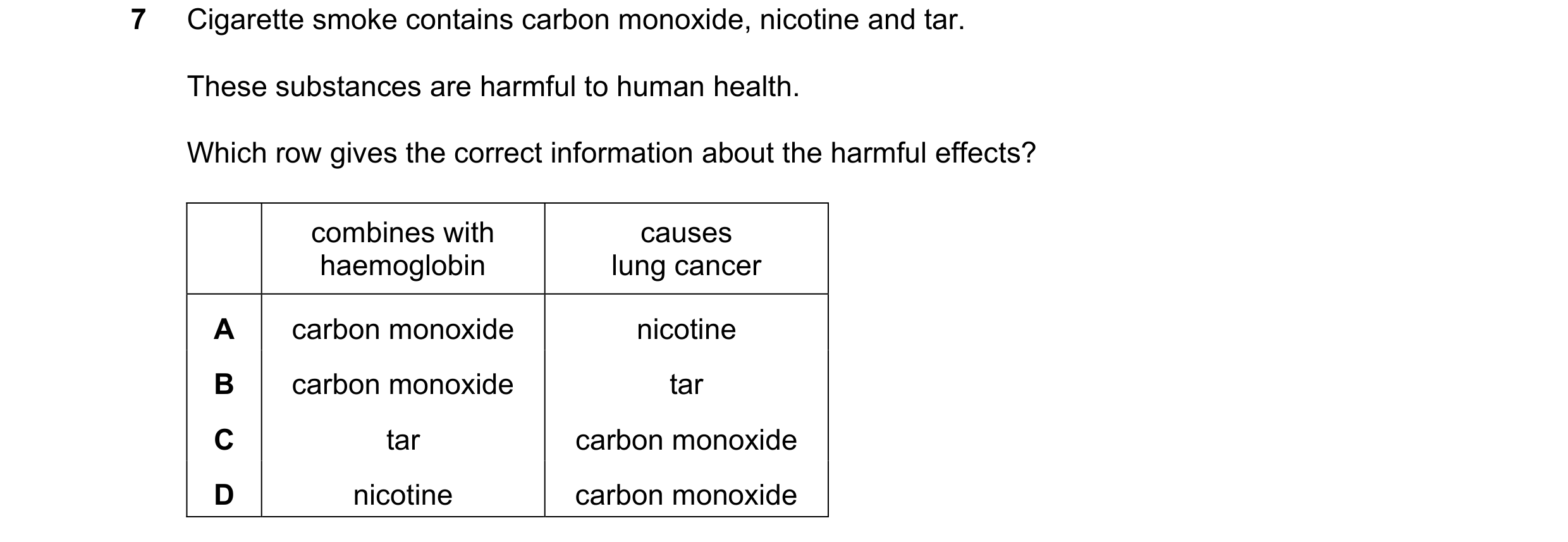 Question 31: Cigarette smoke contains carbon monoxide, nicotine and tar. These substances are harmful to human health. Which row gives the correct infor…
