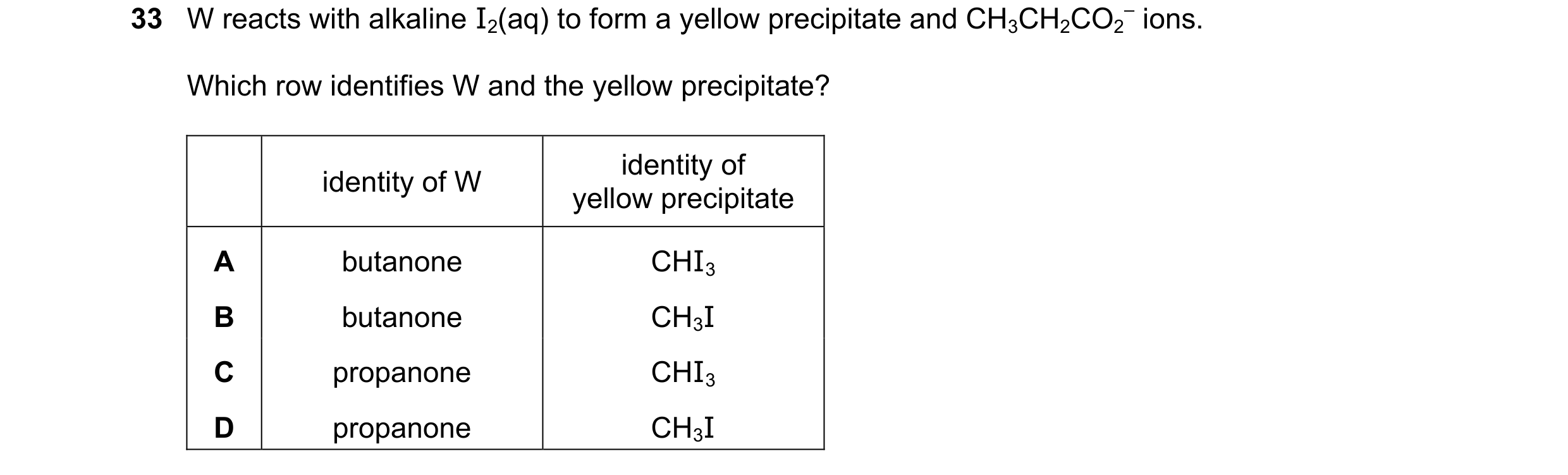 Question 269: W reacts with alkaline I2(aq) to form a yellow precipitate and CH3CH2CO2 – ions. Which row identifies W and the yellow precipitate? identit…