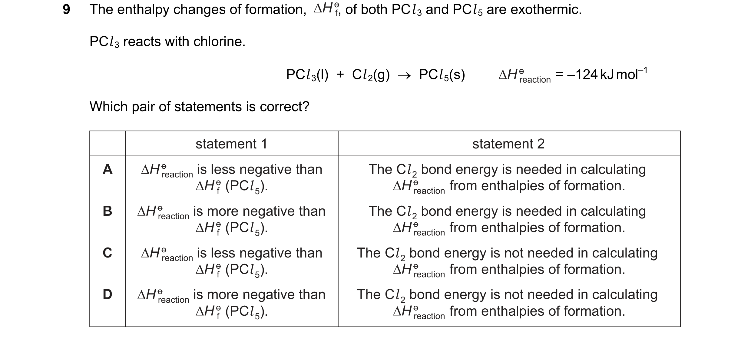 Question 52: The enthalpy changes of formation,        , of both PCl 3 and PCl 5 are exothermic. PCl 3 reacts with chlorine. PCl 3(l)  +  Cl 2(g)    PC…