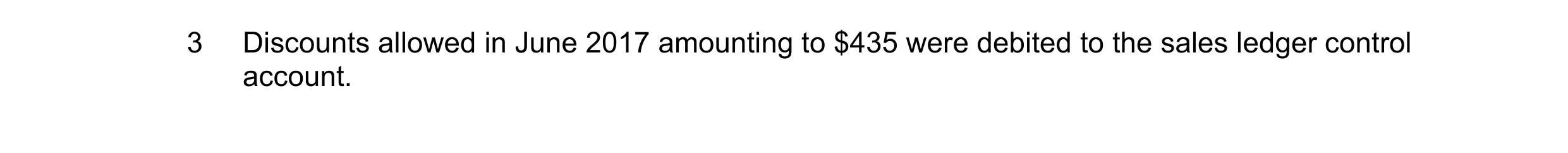 Question 6: Discounts allowed in June 2017 amounting to $435 were debited to the sales ledger control account.