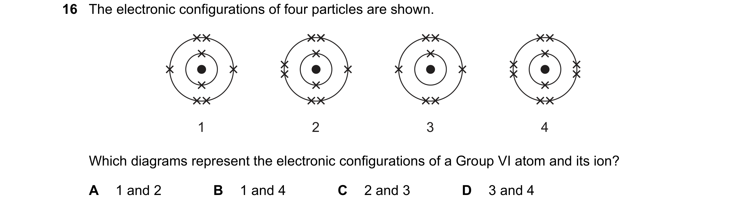 Question 9: The electronic configurations of four particles are shown. 1 2 3 4 Which diagrams represent the electronic configurations of a Group VI ato…