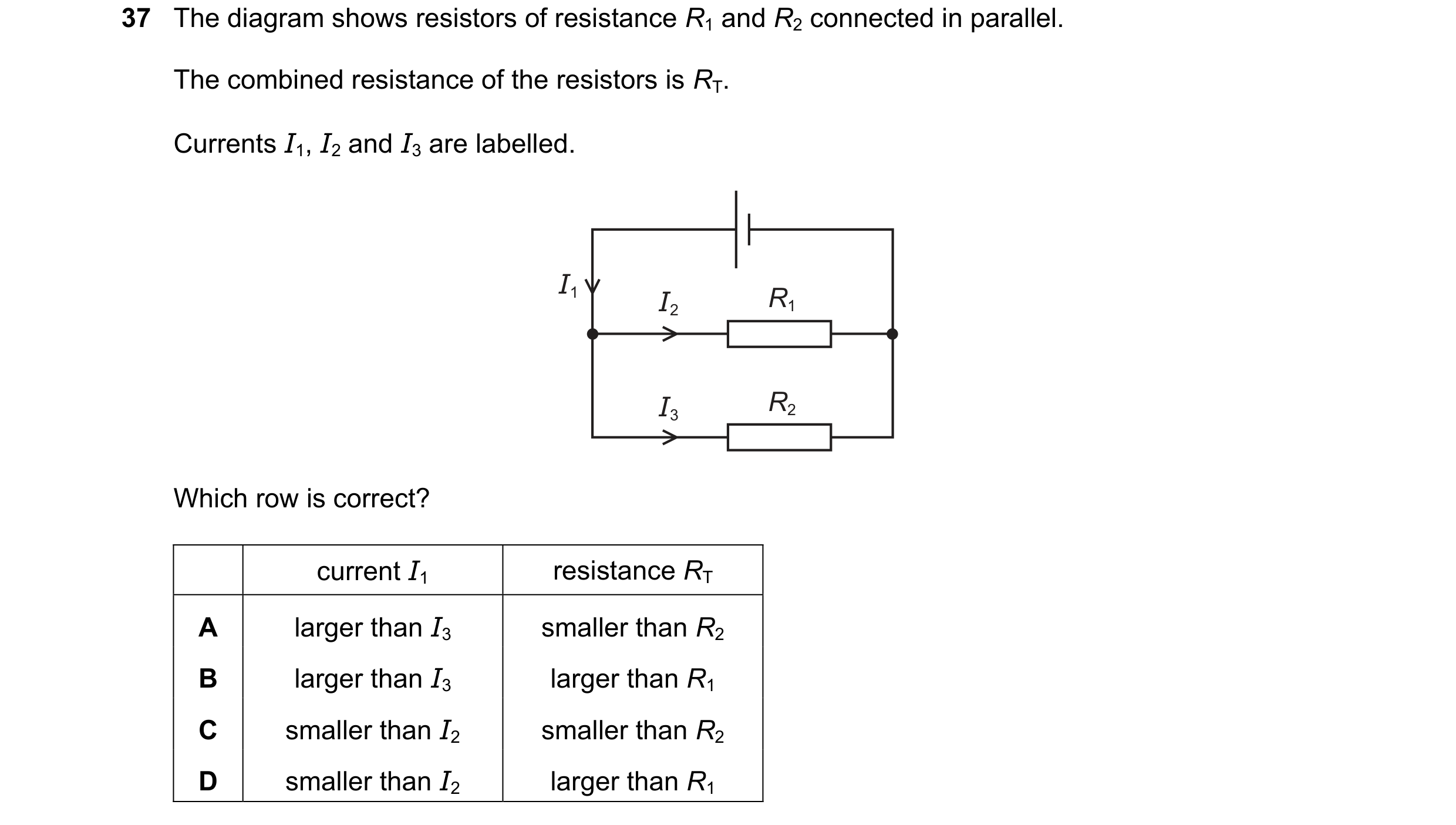 Question 17: The diagram shows resistors of resistance R1 and R2 connected in parallel. The combined resistance of the resistors is RT. Currents I1, I2 …