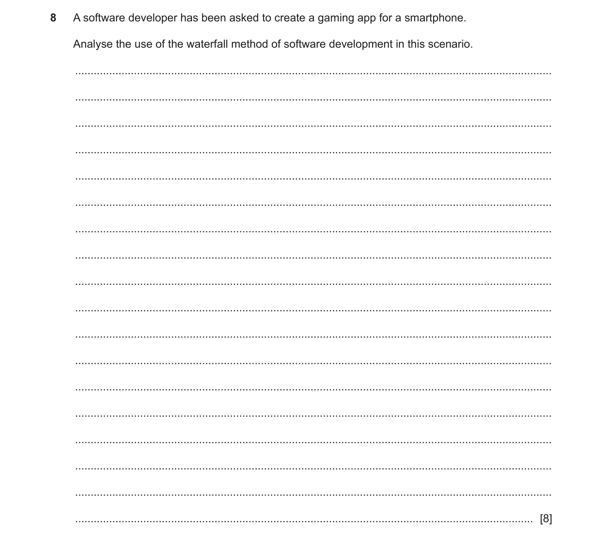 Question 10: A software developer has been asked to create a gaming app for a smartphone. Analyse the use of the waterfall method of software developmen…