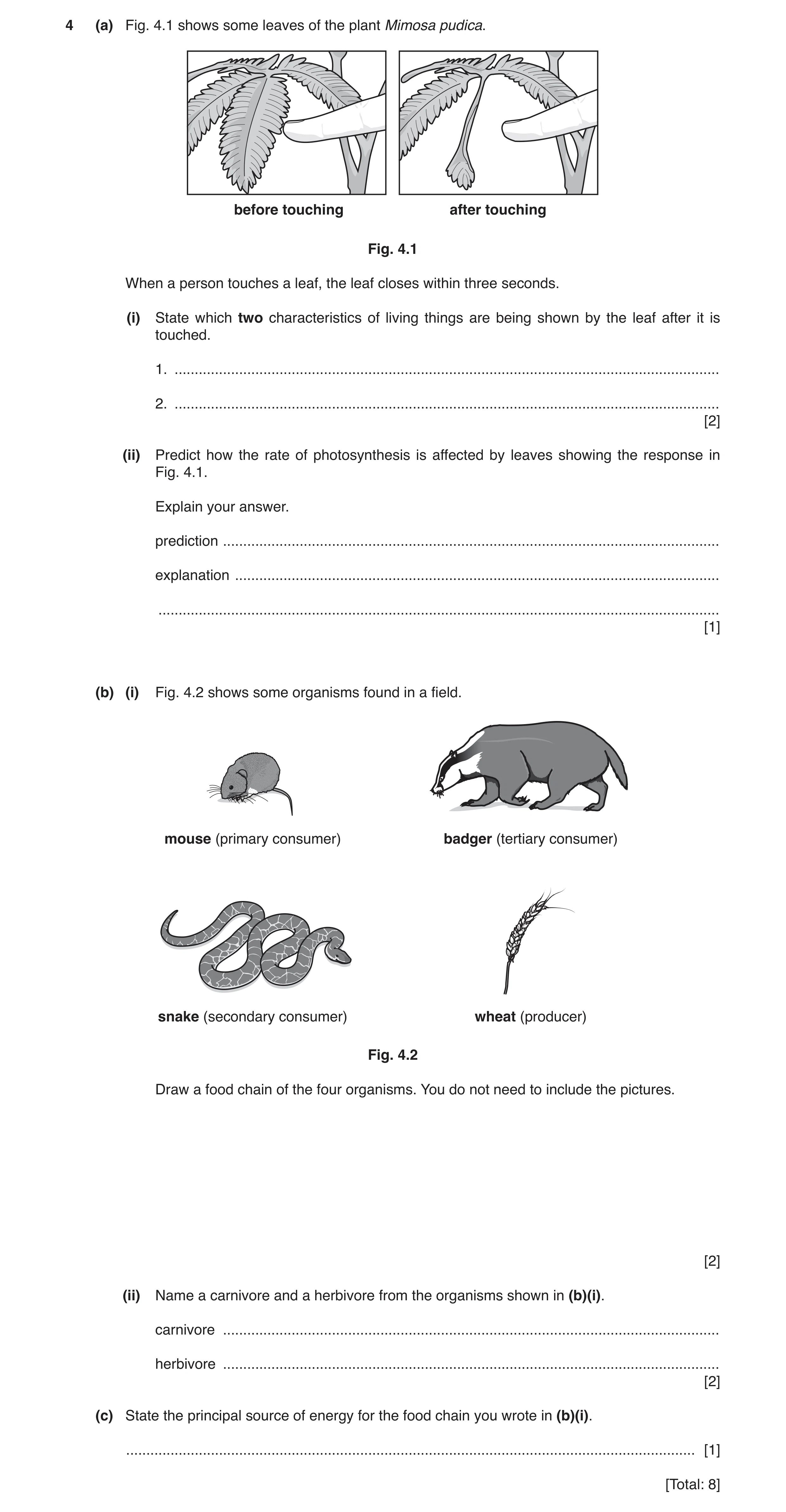 Question 12: (a) Fig. 4.1 shows some leaves of the plant Mimosa pudica. before touching after touching Fig. 4.1 When a person touches a leaf, the leaf c…