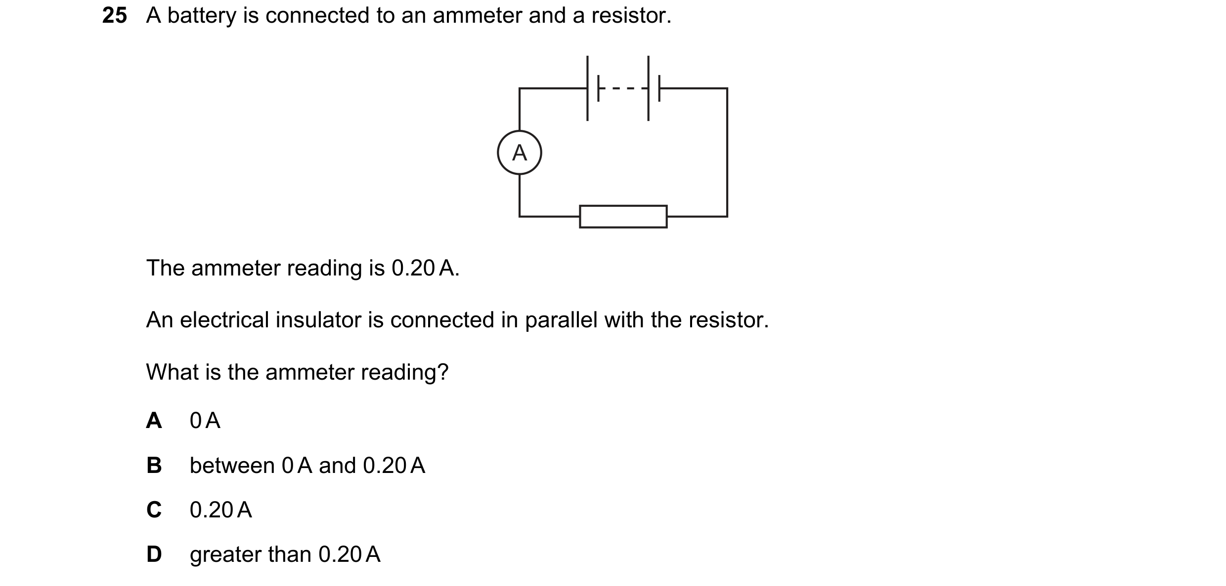Question 347: A battery is connected to an ammeter and a resistor. A The ammeter reading is 0.20 A. An electrical insulator is connected in parallel with…