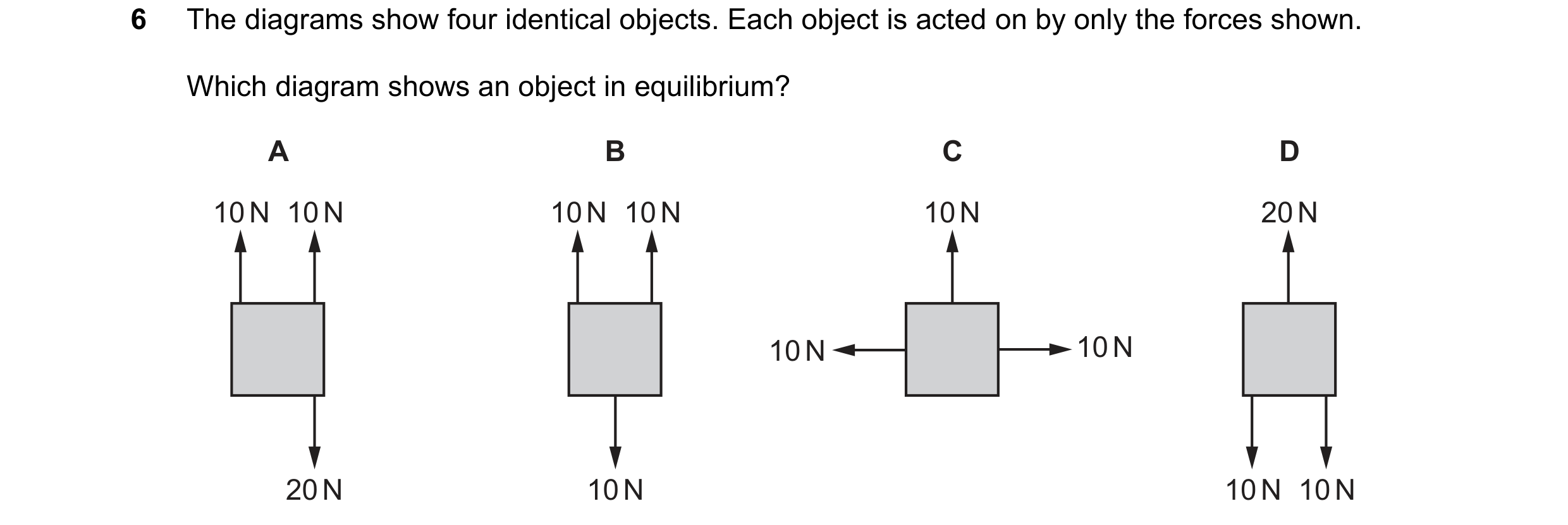 Question 284: The diagrams show four identical objects. Each object is acted on by only the forces shown. Which diagram shows an object in equilibrium? A…