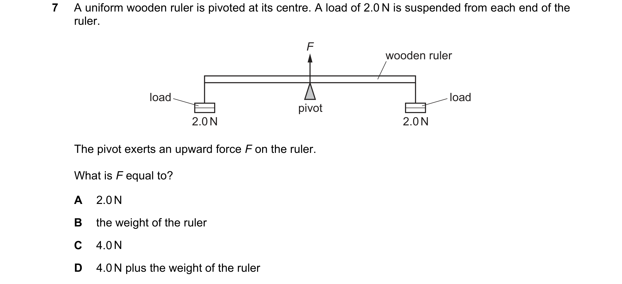 Question 285: A uniform wooden ruler is pivoted at its centre. A load of 2.0 N is suspended from each end of the ruler. F wooden ruler load load pivot 2.…
