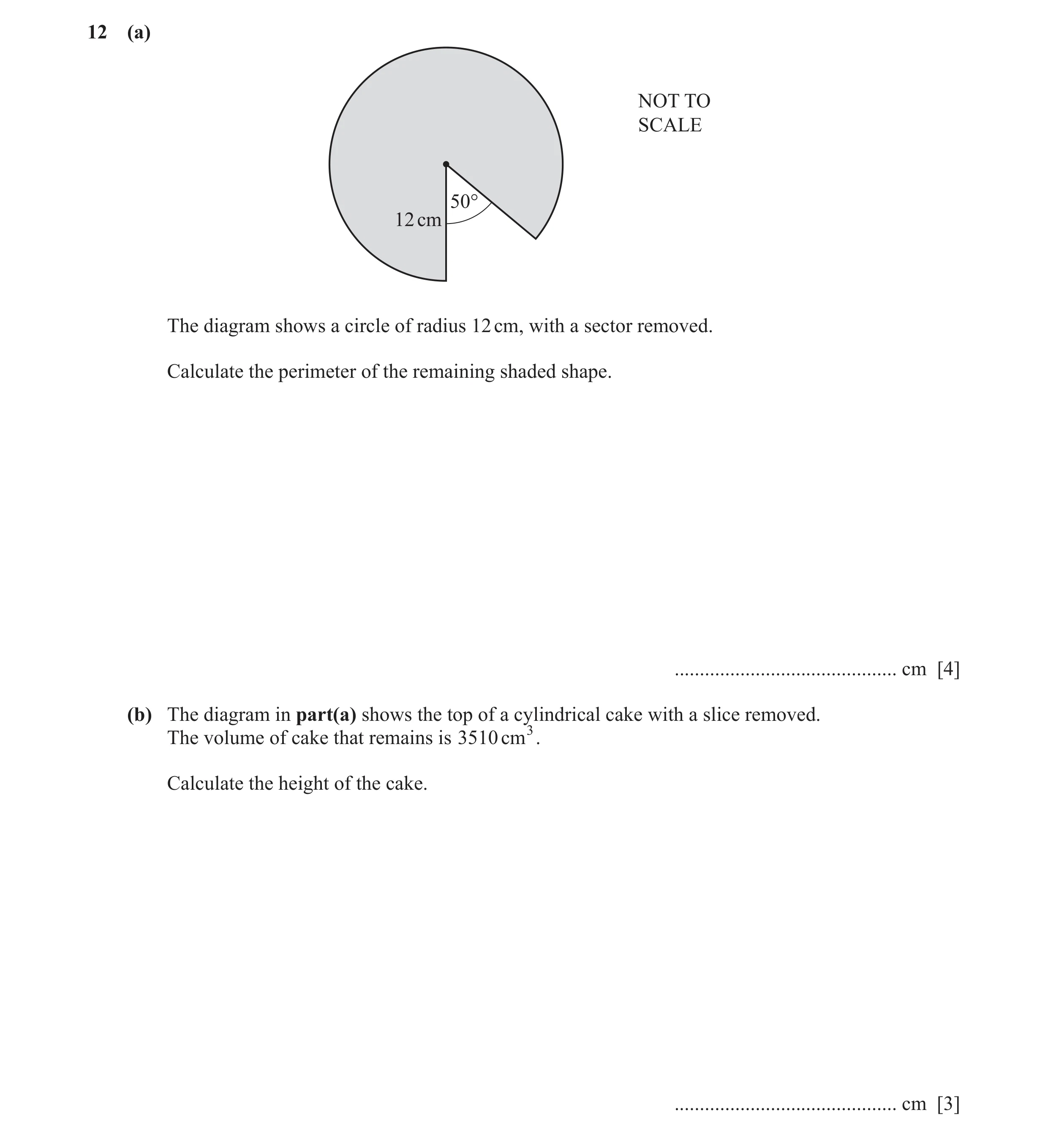 Question 19: (a) NOT TO SCALE 50° 12 cm The diagram shows a circle of radius 12 cm, with a sector removed. Calculate the perimeter of the remaining shad…