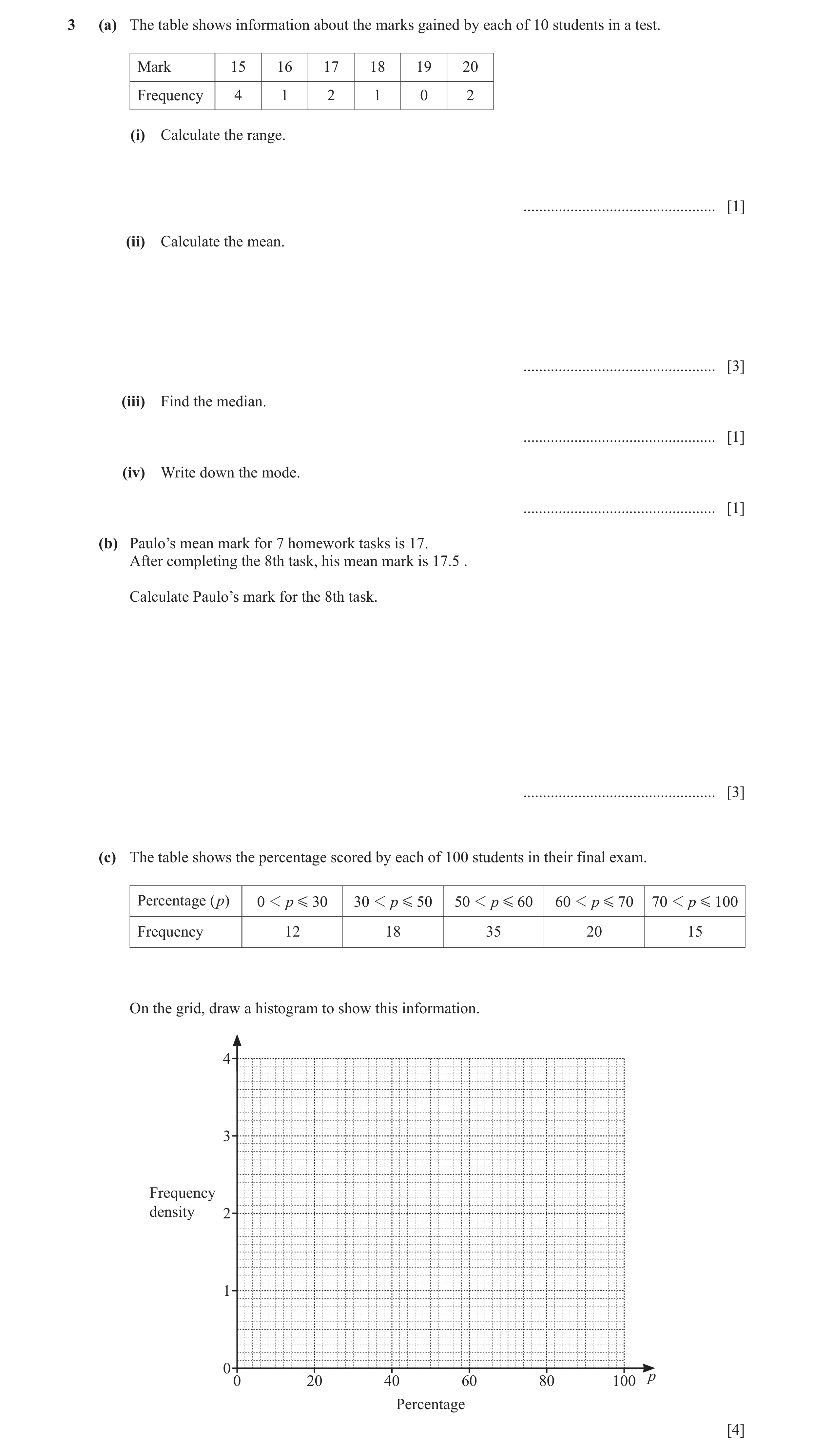 Question 20: (a) The table shows information about the marks gained by each of 10 students in a test. Mark 15 16 17 18 19 20 Frequency 4 1 2 1 0 2 (i) C…