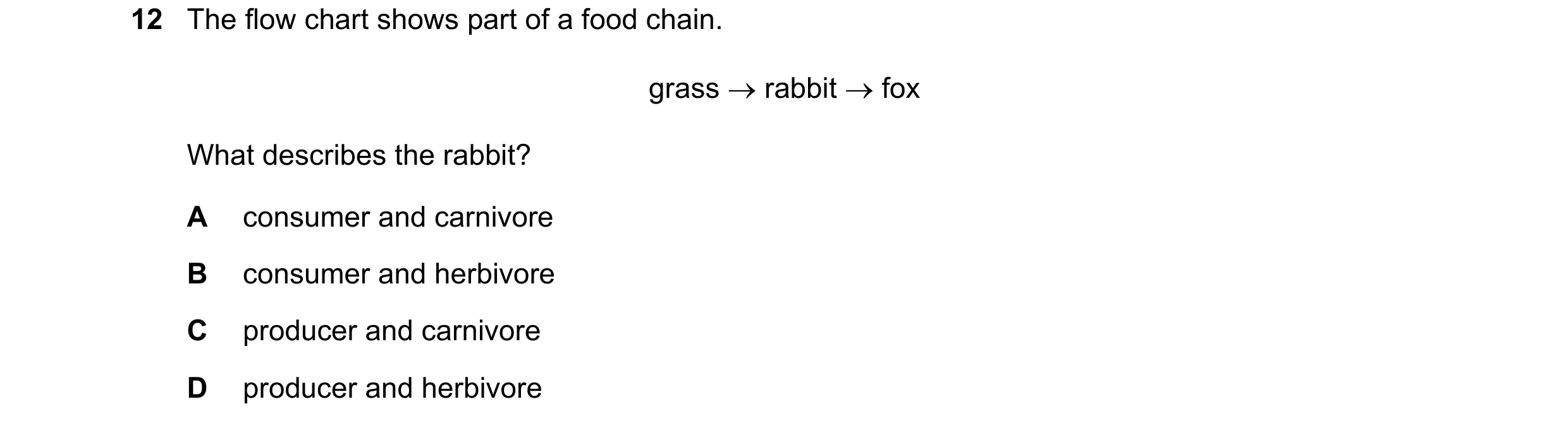 Question 38: The flow chart shows part of a food chain. grass → rabbit → fox What describes the rabbit? A consumer and carnivore B consumer and herbivor…